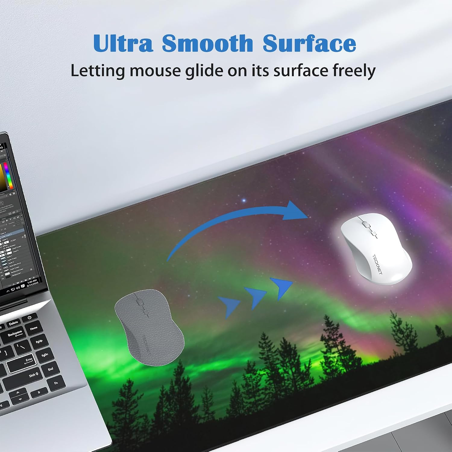 Northern Lights Mouse Pad Gaming Forest Mousepad Desk Mat,Smoothing Fabric Mousepad for Fluid Control,Ultra-Stable Non-Slip Rubber Base Mouse Pad,Stitched Edges(31.5x15.7 in) image 3