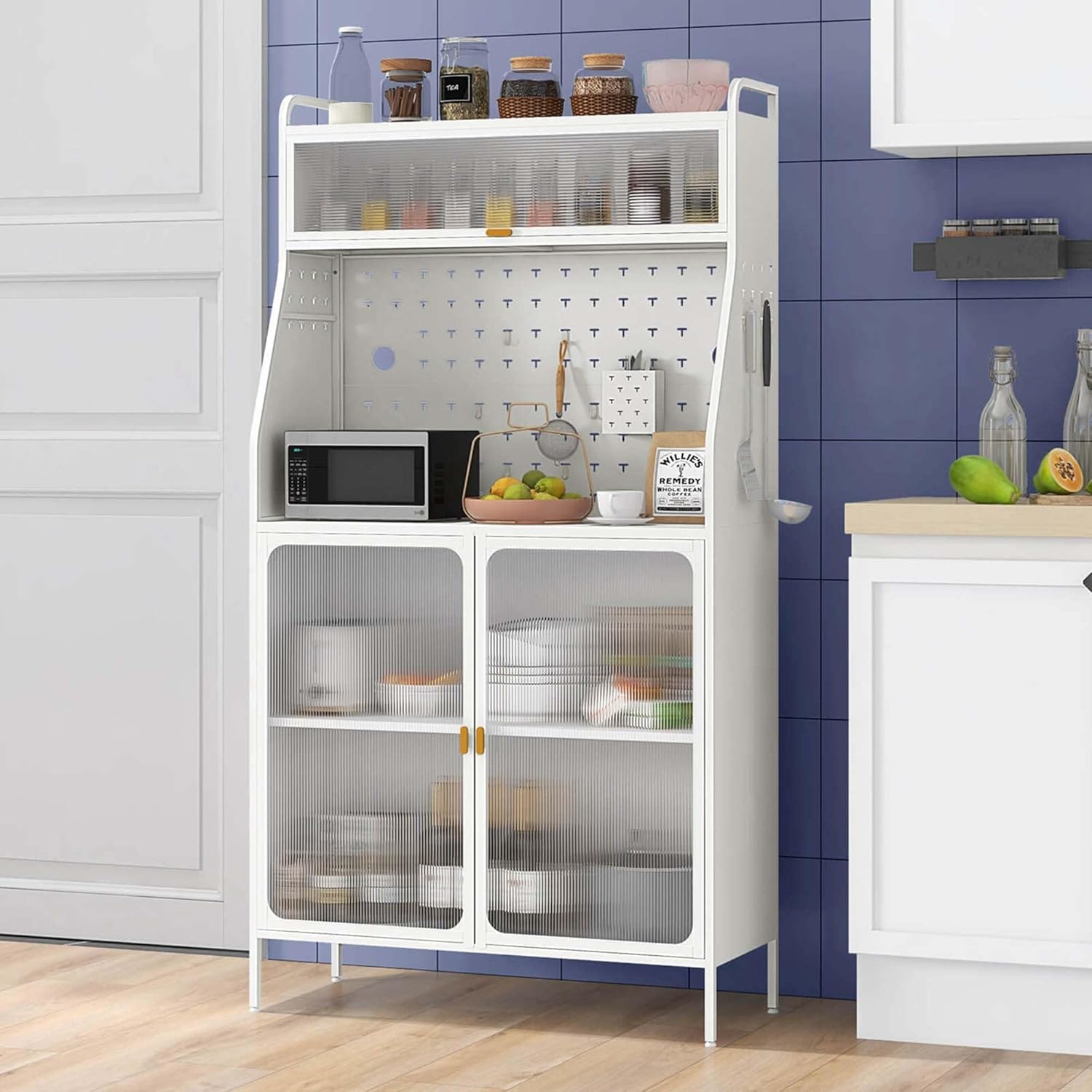 63.5" H Kitchen Buffet Cabinet Pantry Organizers Standing Bakers Rack White Metal