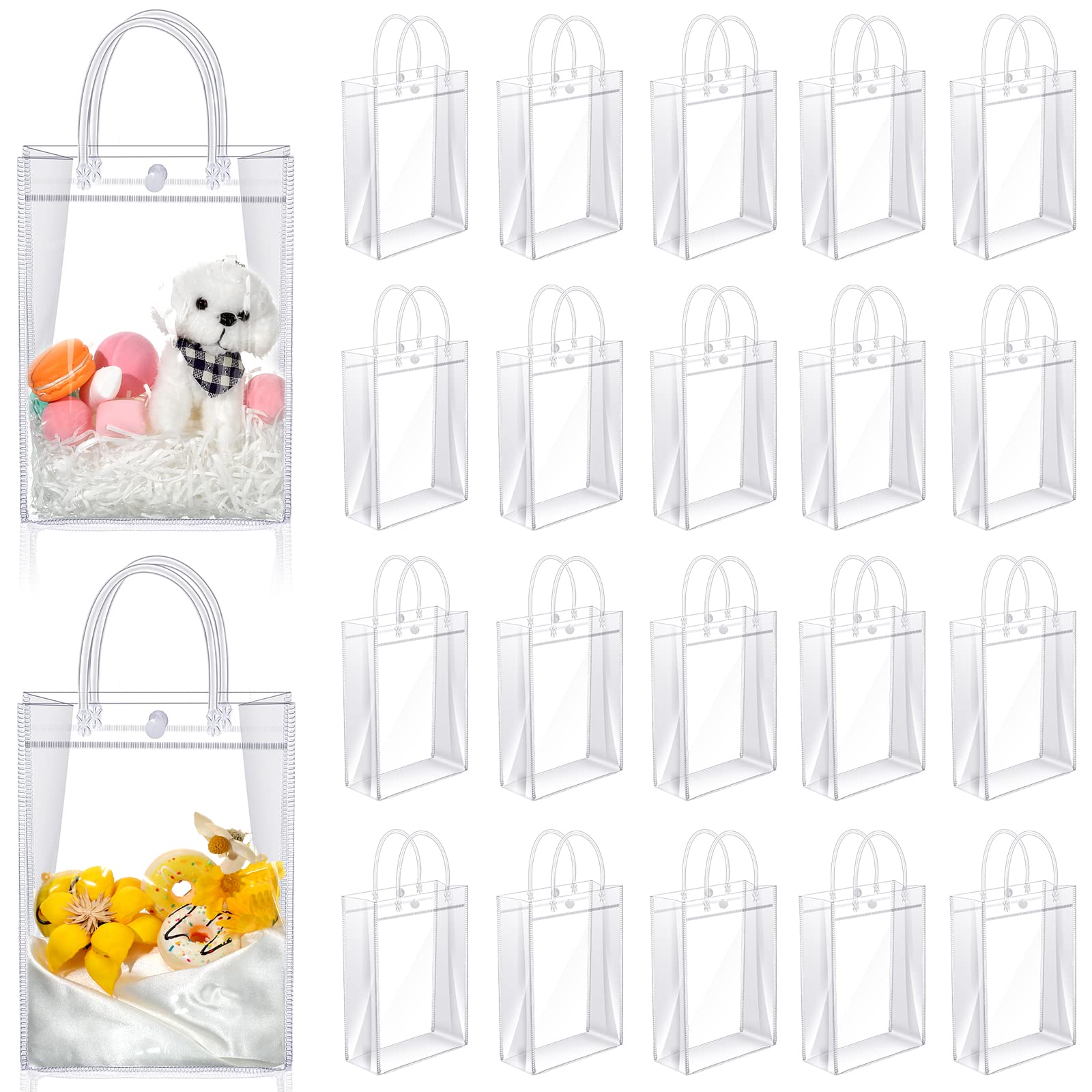 Saintrygo Clear PVC Gift Bags with Handles Reusable Plastic Wrap Tote Transparent Shopping Bags for Christmas Party Favors Weddings Merchandise Retail Small Business, 9 x 6.7 x 2.6 Inches(100 Pieces)