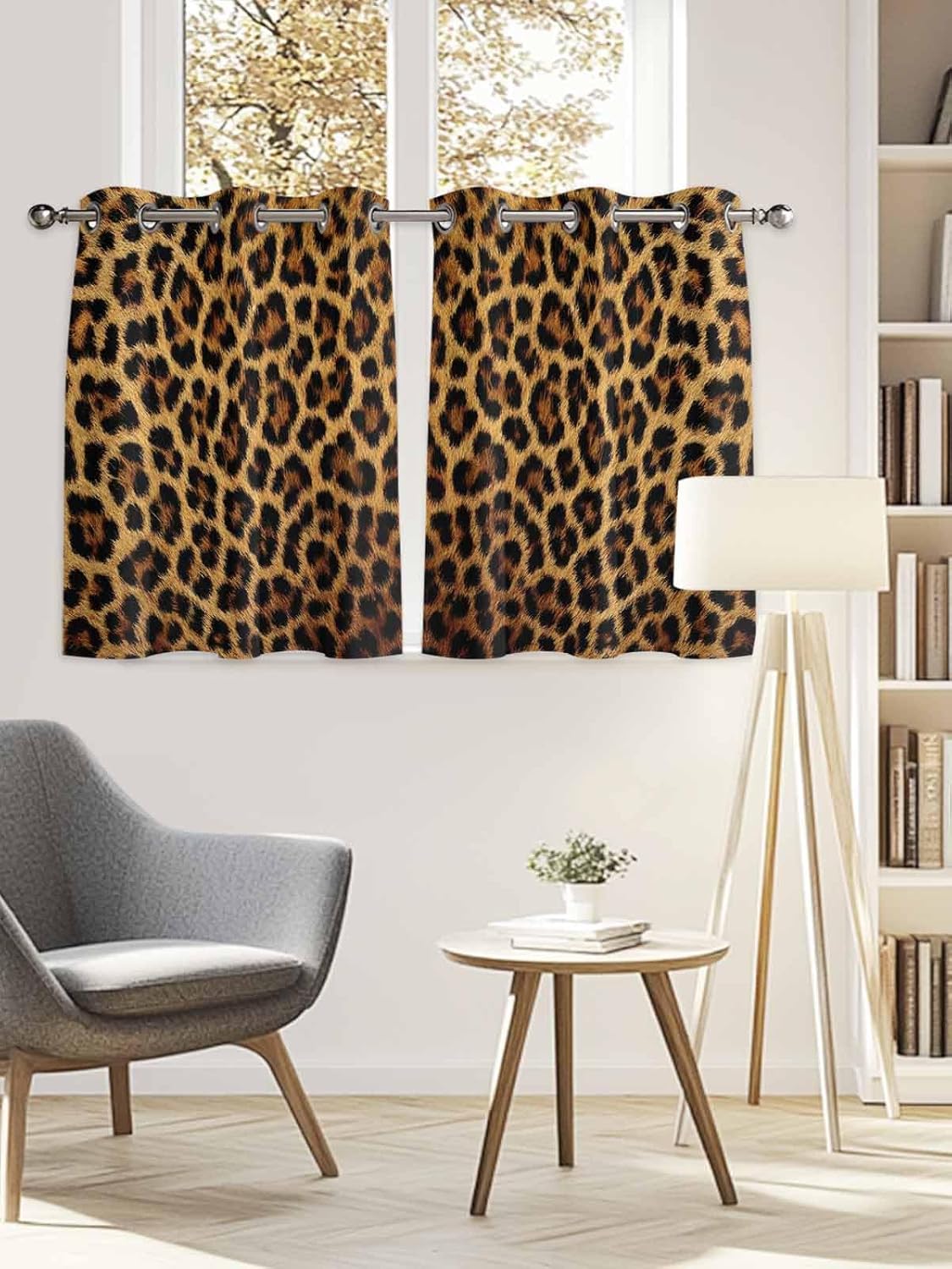 Leopard Skin Texture Kitchen Curtains Window Drapes Treatment, 2 Panels Sheer Curtains for Kitchen Cafe Office, Animal 104W x 52L inch