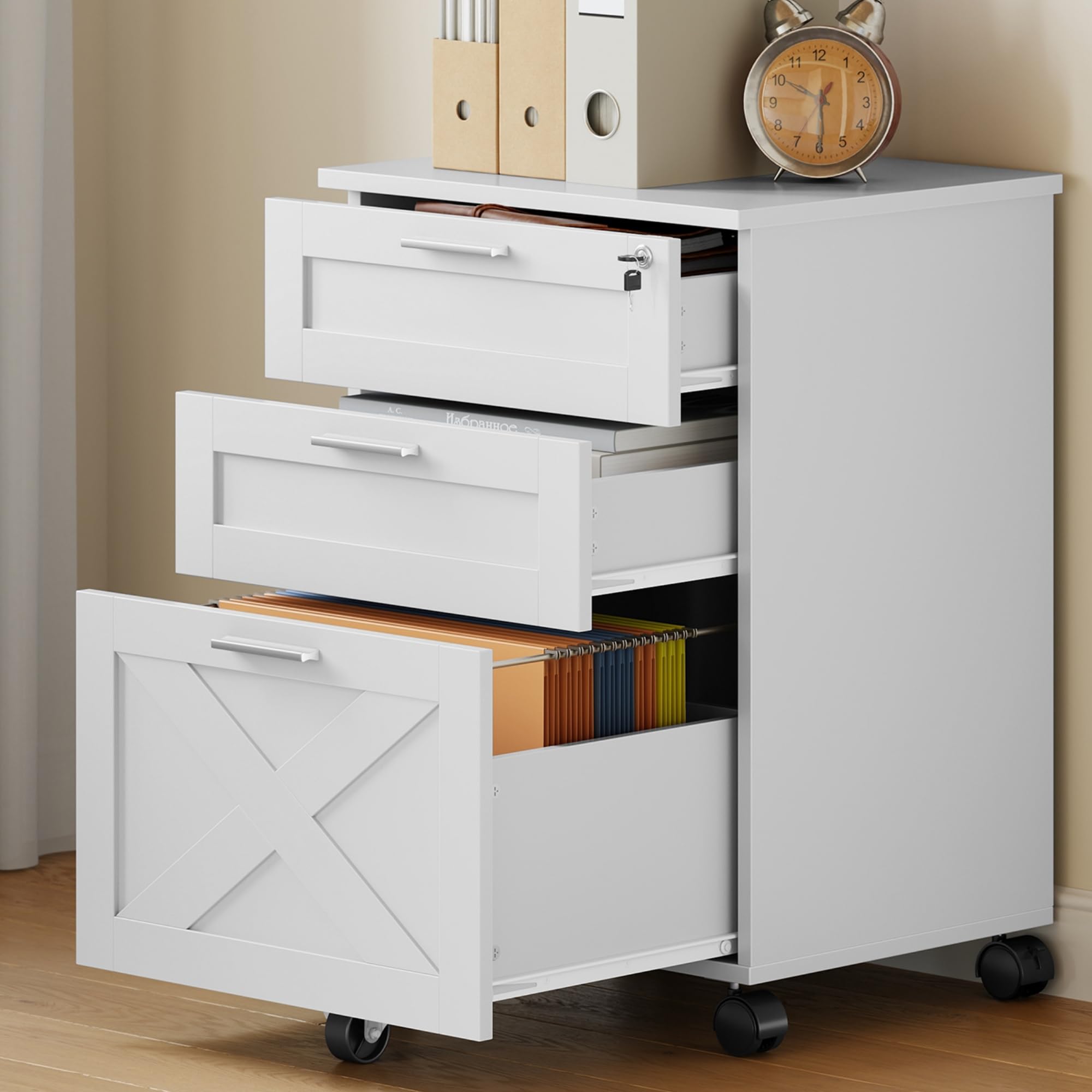 GarveeHome 3-Drawer File Cabinet with Lock, Mobile Under Desk Filing Cabinet for Home Office, Wood Storage Organizer for Letter/a4/Legal Size