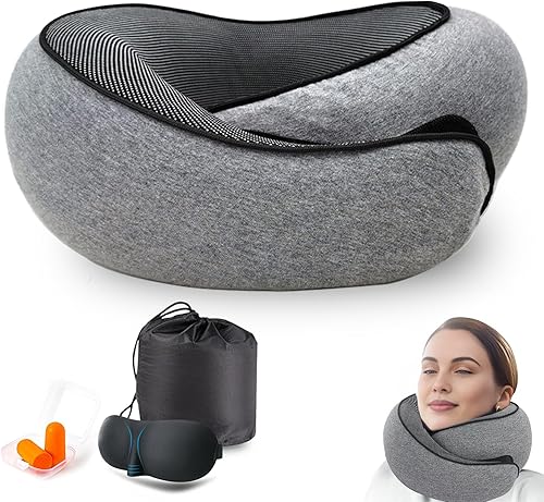 Almohada cervical de viaje para avión, almohada de cuello de viaje de espuma viscoelástica, ergonómica, soporte de 360, ajustable, con velcro,
