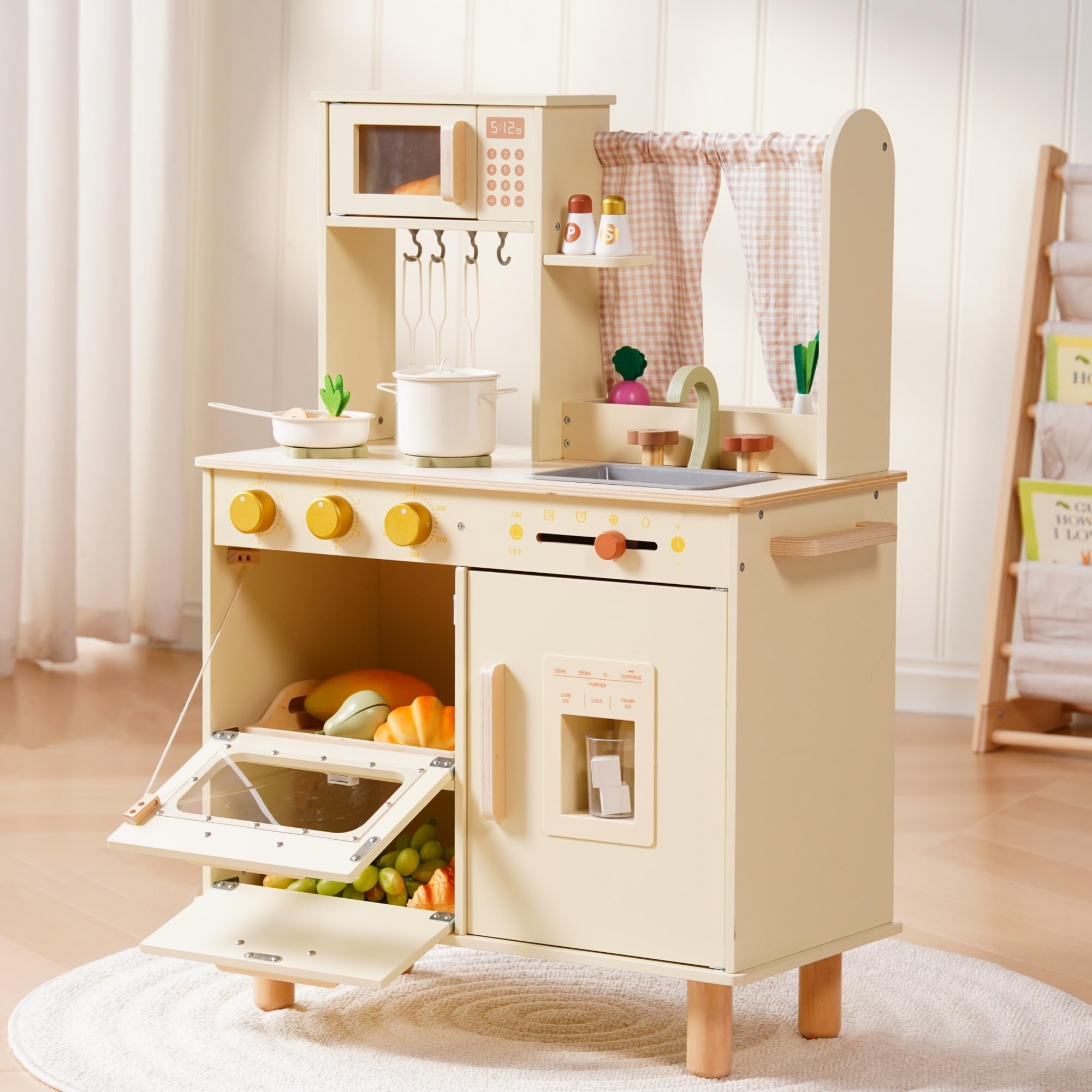 Photo 1 of ROBOTIME Wooden Play Kitchen Set for Kids, Pretend Toddler Kitchen with Microwave, Sink, Stove & Ice Maker, Kids Kitchen Playset Gift for Boys and Girls Ages 3+ (Beige)