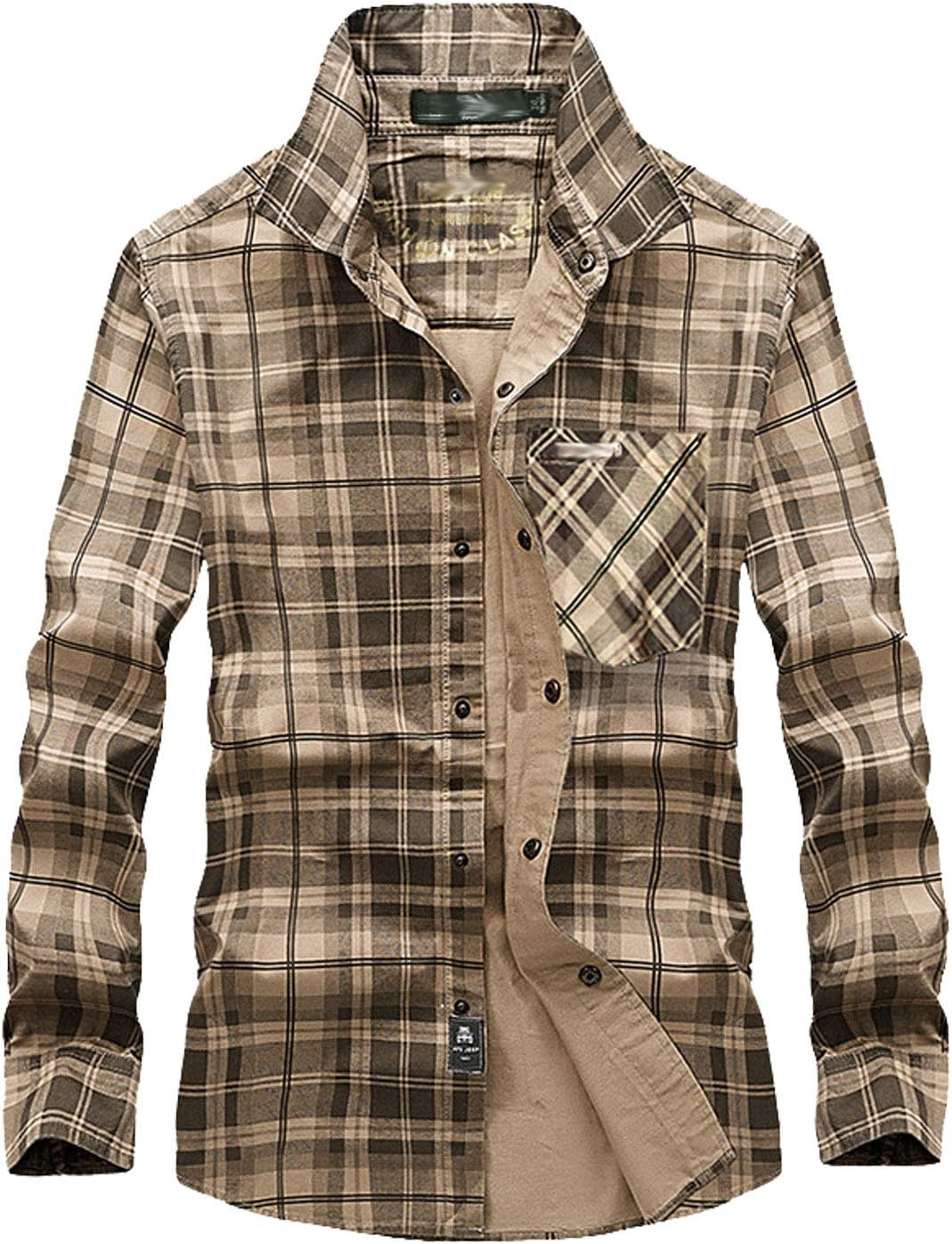 Flygo Men's Casual Long Sleeve Plaid Button Down Shirt (Large, Khaki)
