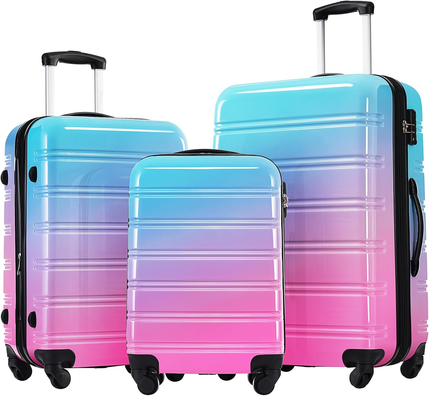 Hard Luggage Sets 3 Piece with Spinner Wheels, Gradient Color Luggage Sets with TSA Lock for Women Girls Teens, Expandable, Lightweight (20”/24”/28”) (Blue+Red)