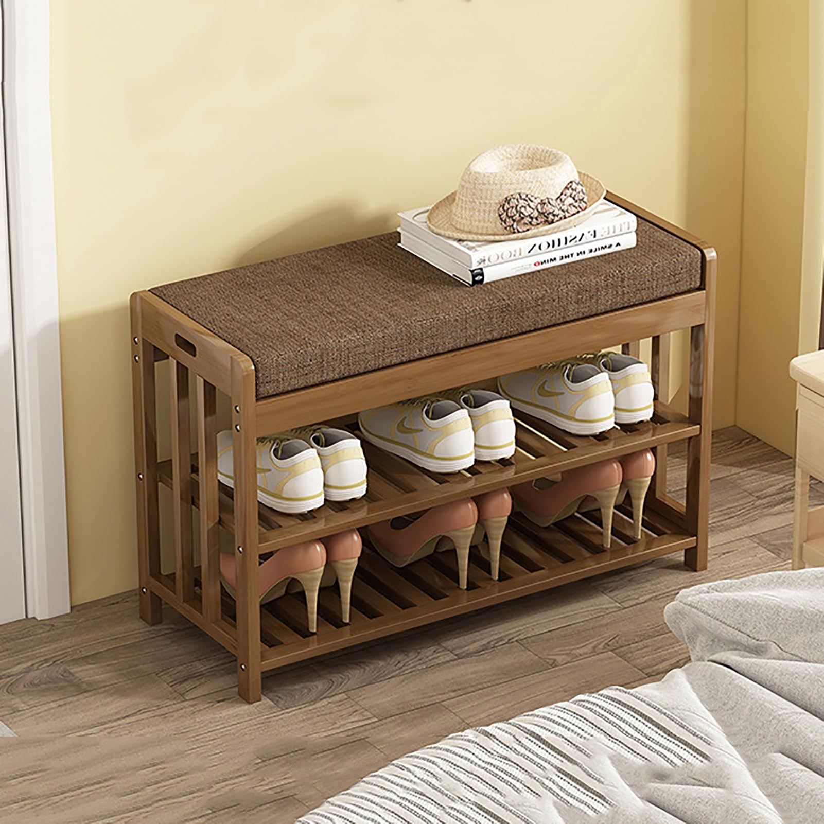 LWJSOCP Wardrobe Shoe RackBamboo Shoe Rack Bench with Cushion Entryway Storage Seat for Shoes Living Room & Bedroom nizer Hallway Fur