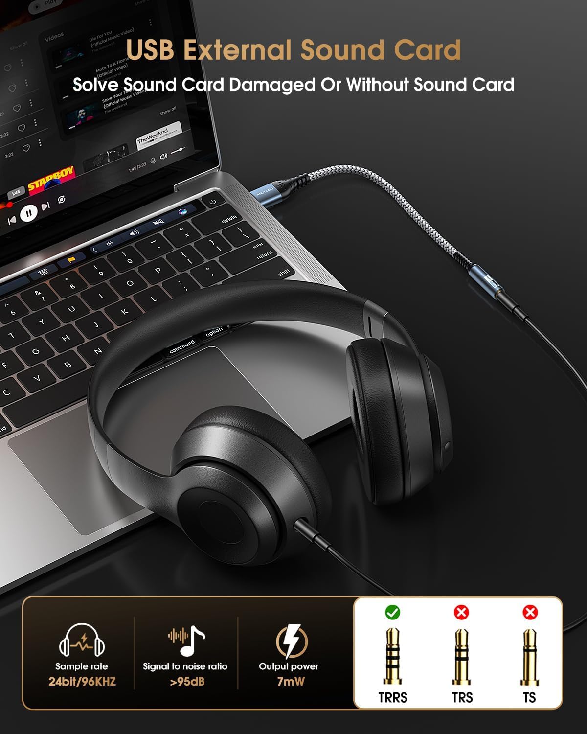 Adaptador de conector de audio USB a 3,5 mm, tarjeta de sonido estéreo externa Adaptador de conector de audio con convertidor estéreo de 3,5 mm para auriculares, altavoz, PS4, PC, computadora portátil