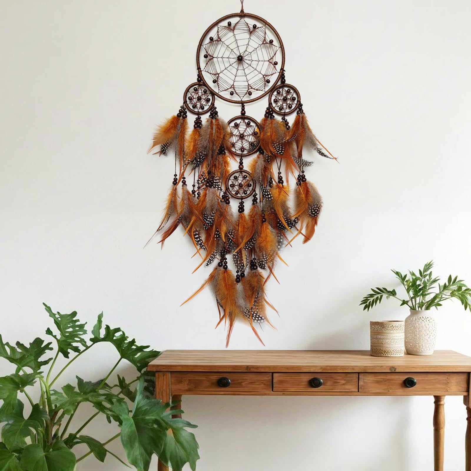 Donko Großer Traumfänger, Wanddekoration, brauner Feder-Traumfänger mit Holzperle, handgefertigter Wandbehang, Ornament für Schlafzimmer, Wohnzimmer, Heimdekoration | Handgefertigt, Wanddekoration, Wandbehang, Ornament, Schlafzimmer, Wohnzimmer, Heimdekor
