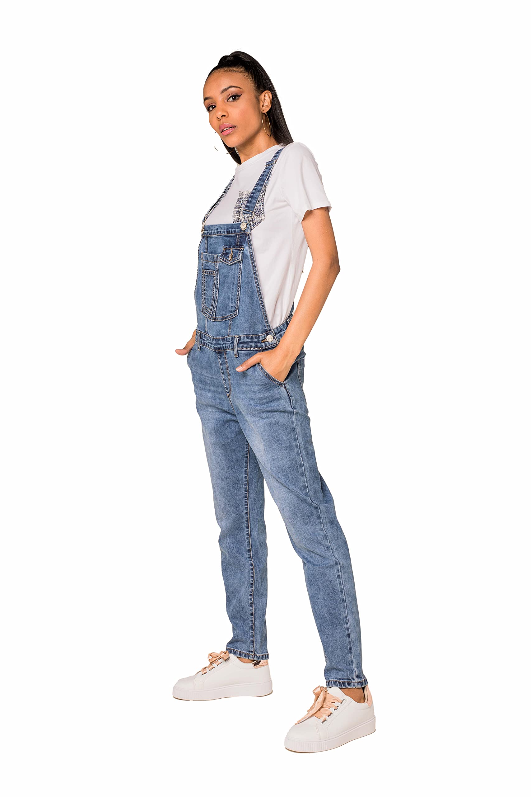 Nina Carter Damen Latzhose Jeans Boyfriend Denim Overall Jumpsuit Used-Look Sommeroverall