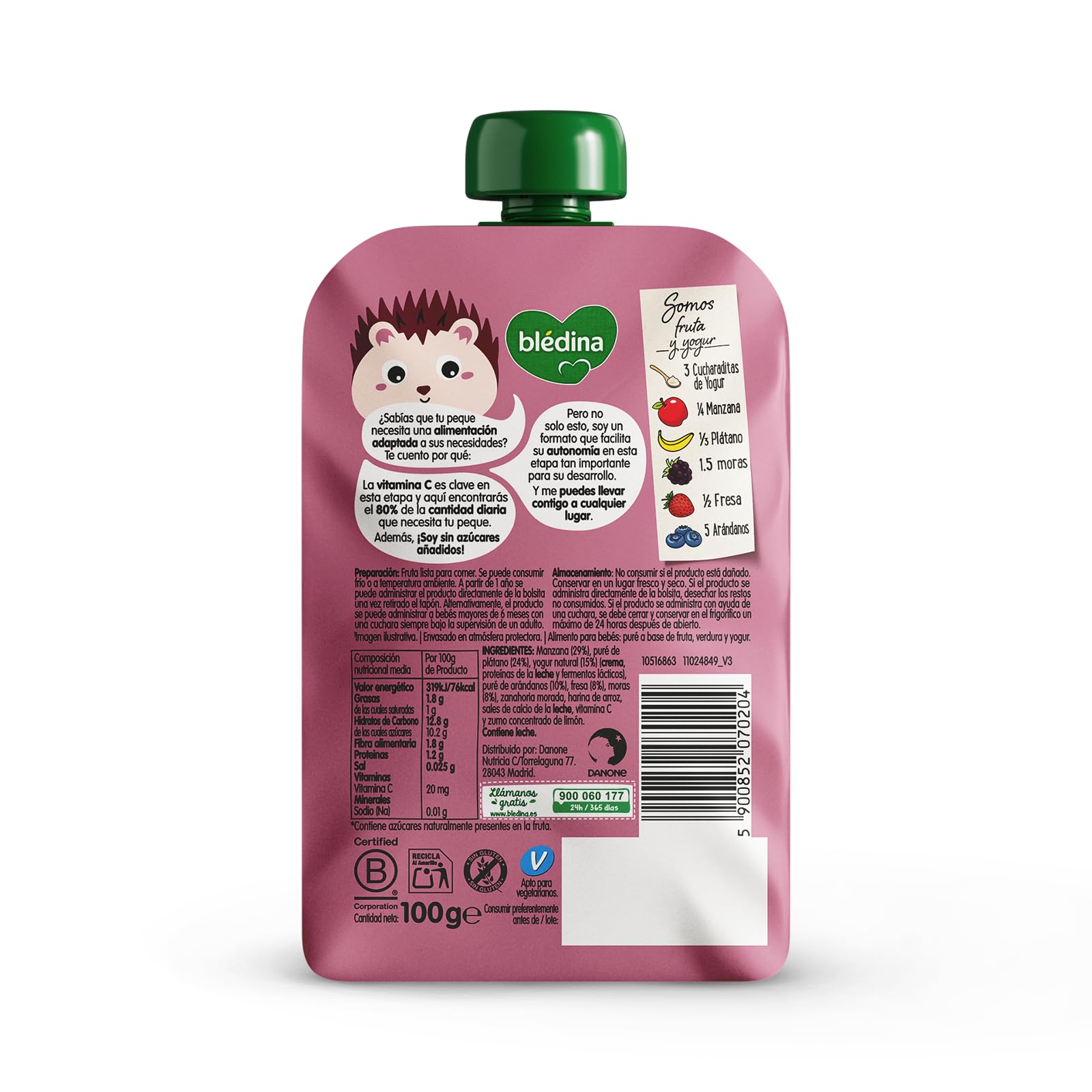 Blédina Bolsitas de Yogur, Frutos Rojos, Manzana y Platano para Bebé. Pouch de Fruta y Yogur, Sin Azúcares Añadidos y Alto Contenido en Vitamina C, Fuente de Fibra. Desde los 8 Meses, Pack 6x100g