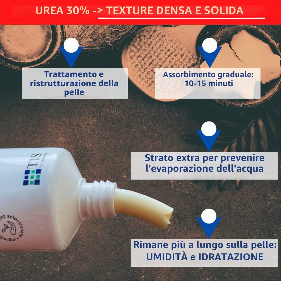 TIS - Crema con urea 30%, per rimozione cicatrici e ferite, eczemi, cheratosi, psoriasi, eruzioni cutanee. Con acido lattico - Alfaidrossiacidi, corteccia di quercia e olio di germe di grano.