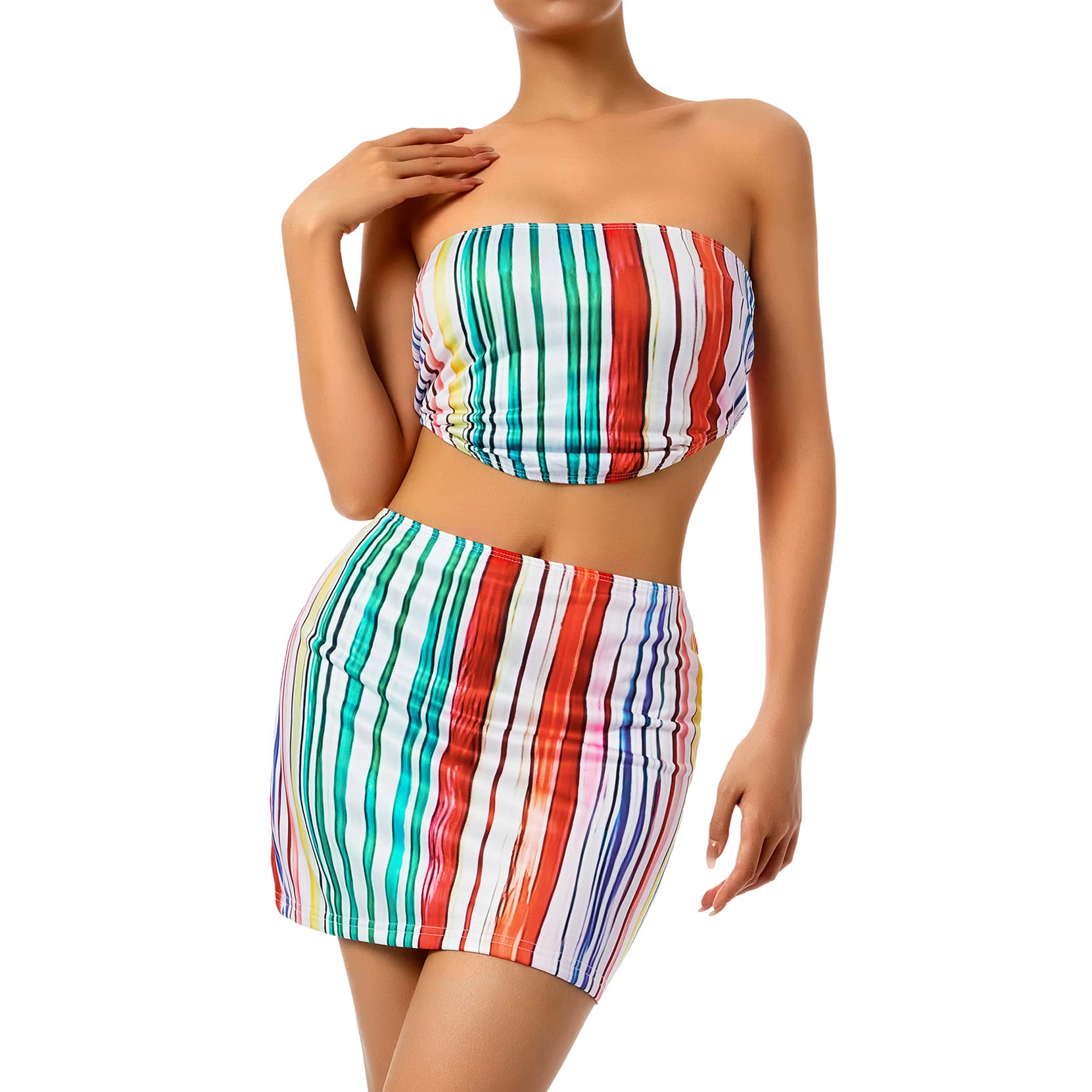 Women Newspaper Printed 2 Piece Skirt Set Off Shoulder Tube Tops Split Mini Skirts Outfits Summer Y2k Trendy Streetwear