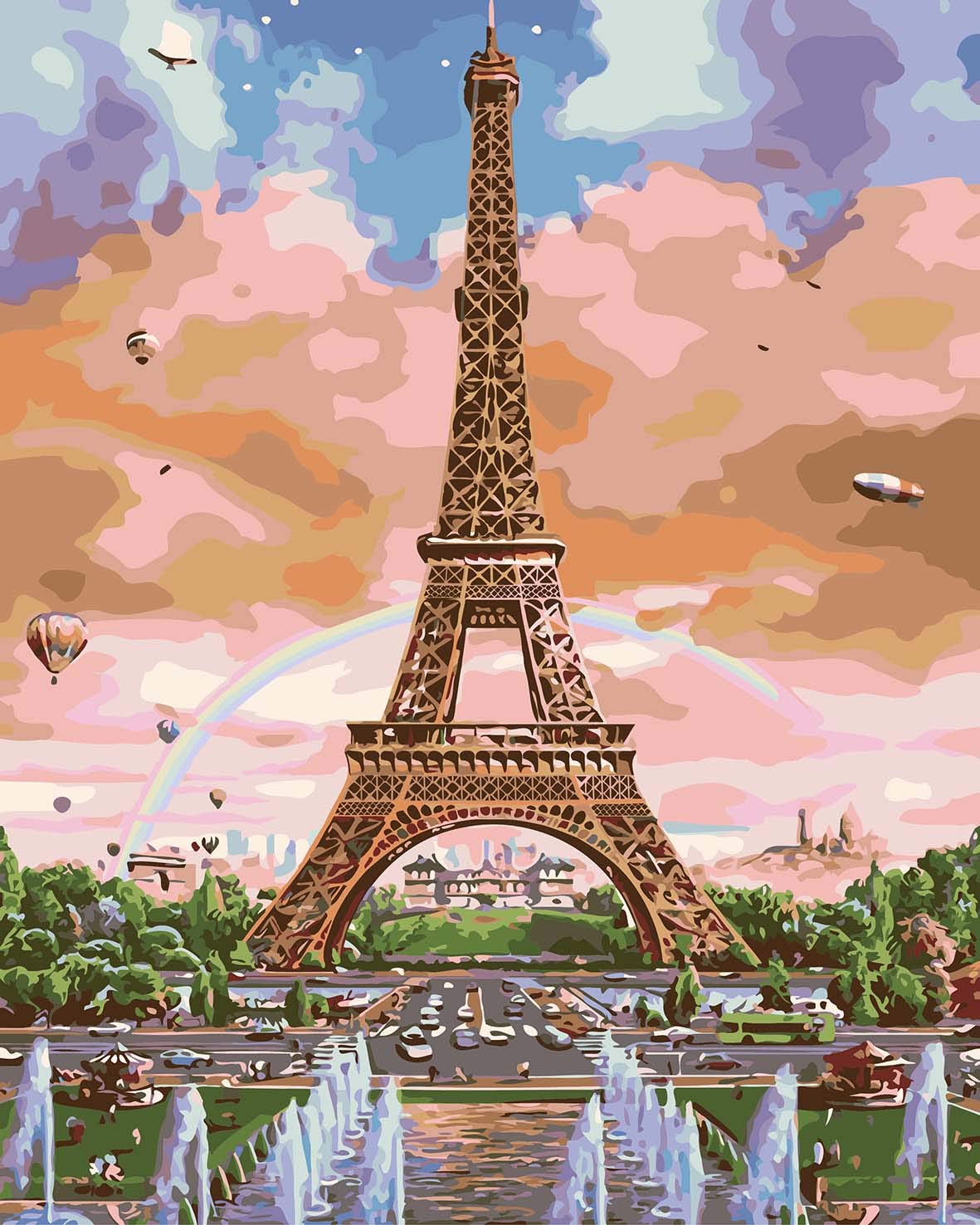 WOWDECOR Art Supplies Eiffel Tower Fountain Clouds DIY Paint by Numbers Kits 40 x 50cm with Painting Brushes Canvas (Framed)