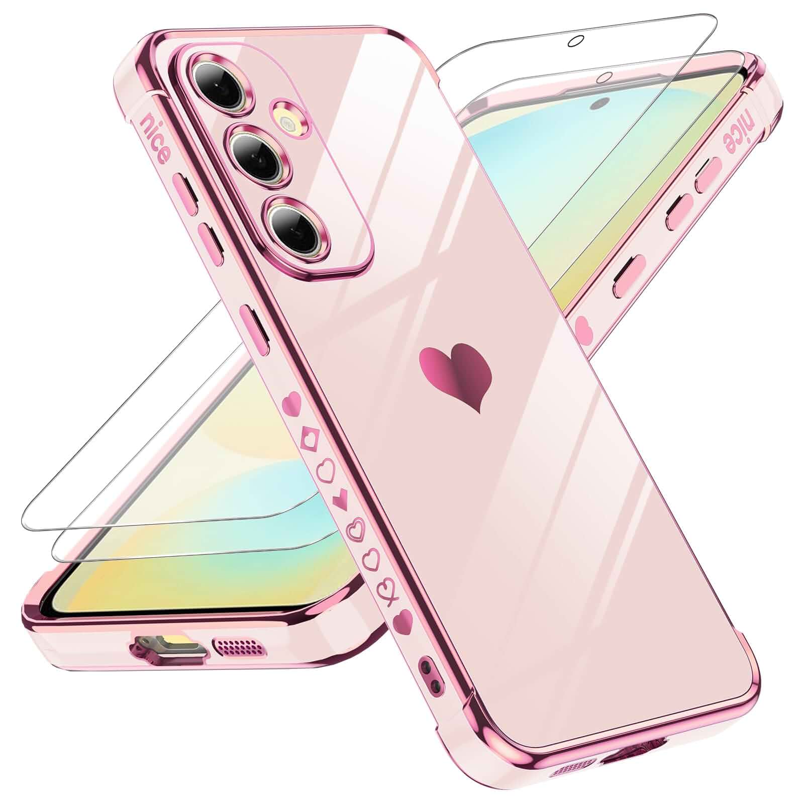 LeYi for Samsung Galaxy S24-FE 5G Case Love Heart Plating Luxury, Pink Samsung S24 FE Case with 2 Pack Tempered Glass Screen Protector Full Protection Women Soft TPU Shockproof S24Fe/ S 24FE