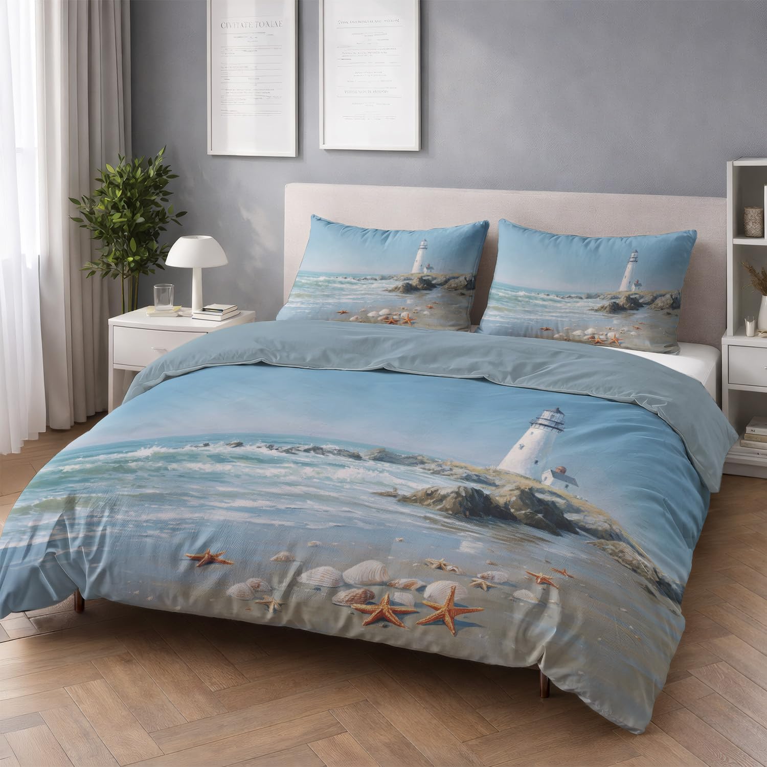 Juego de Funda Nórdica Azul Cielo con DiseñO Fotografía Realista Faro Amanecer Conchas Tranquilo, Tejido Suave y Transpirable, TamañO 220 x 240 cm - Ropa de Cama con Cremallera