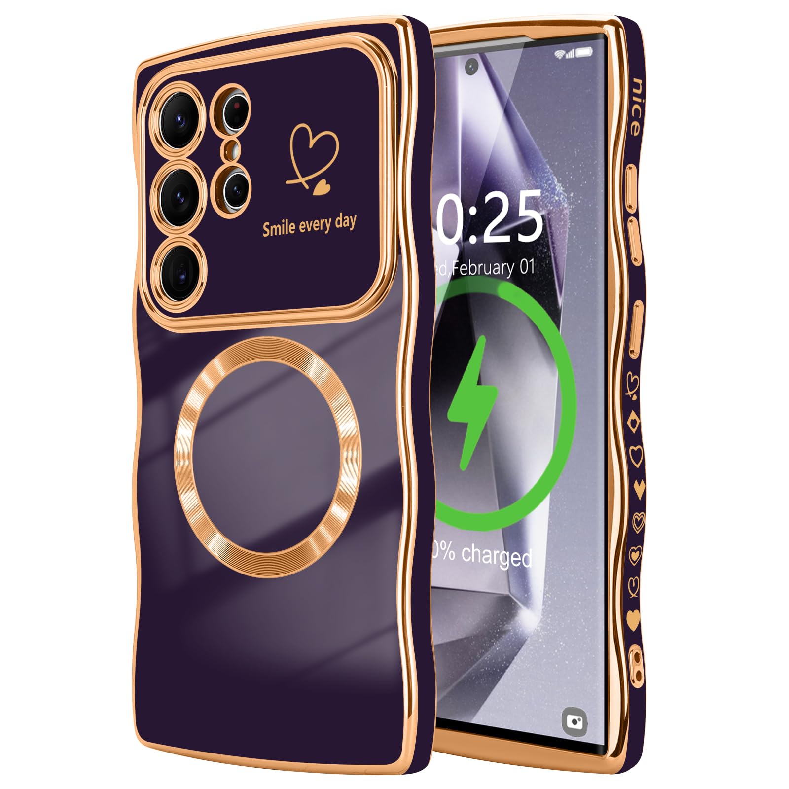 LCHULLE for Samsung Galaxy S24 Ultra Case for Women Girls [Compatible with MagSafe] Cute Curly Wave Shape, Magnetic Love Heart with Camera Lens Cover