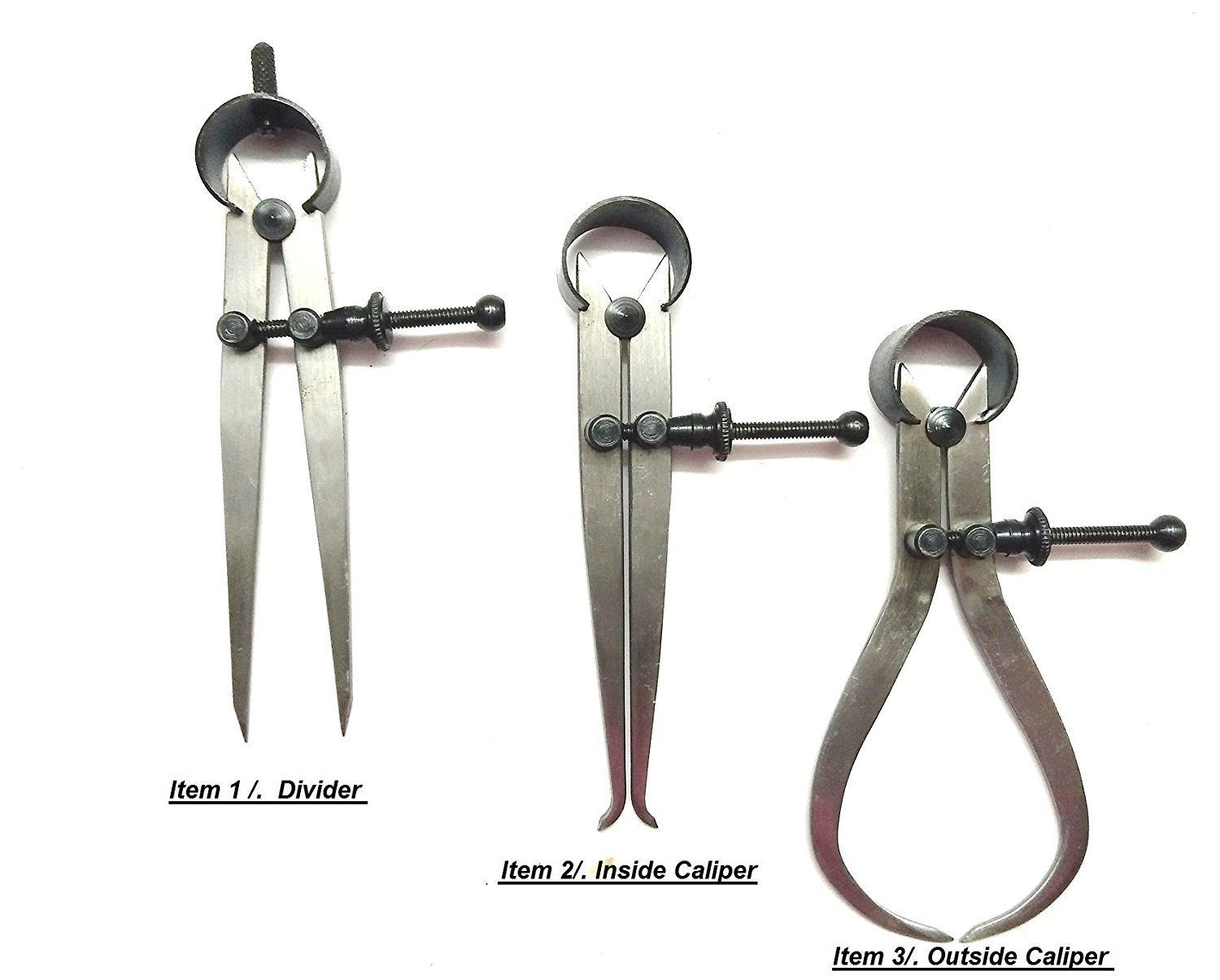 3 Pieces Spring Caliper Set - Inside, Outside & Divider 10" Inch / 250 mm - Measuring Tool, Workshop, Tool Room