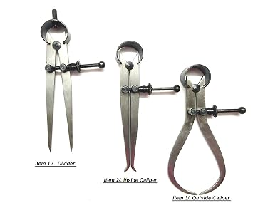 3ピース スプリングキャリパーセット - 内側、外側、ディバイダー 6インチ/150mm - 測定ツール、ワークショップ、ツールルーム。