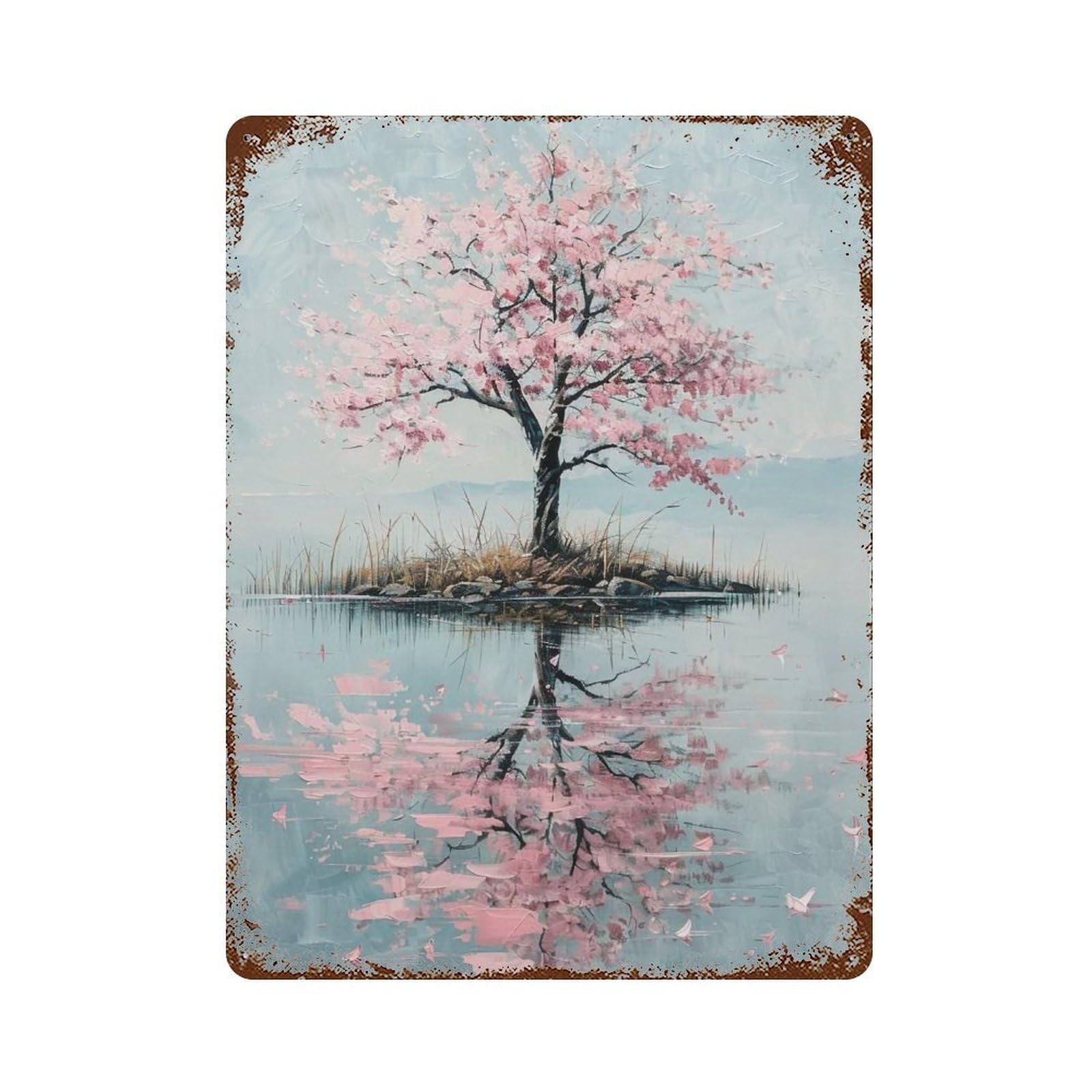 HDURYEYRYY Impasto Sakura Island Mirror Lake 02 Wall Retro Iron Vintage Art Metal Tin Sign Poster Modern Home Cofffee Club Art Bar Shop Decor Style 40x30cm