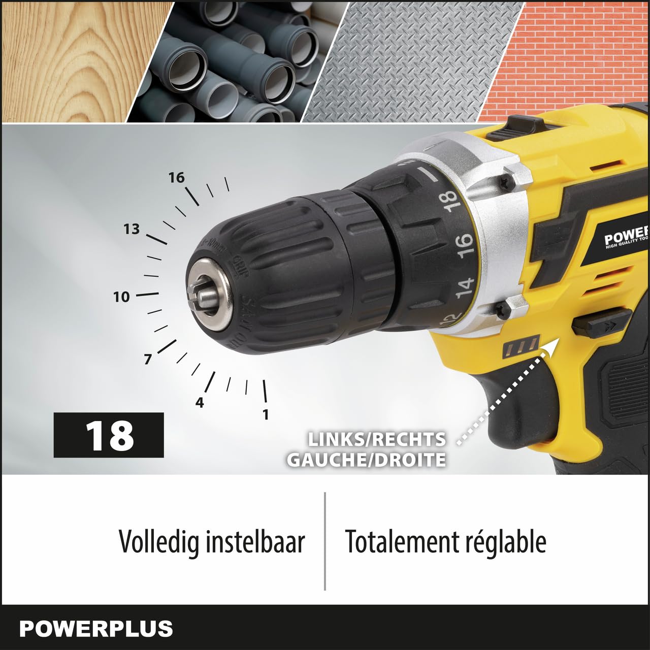 Powerplus Avvitatore a batteria e trapano POWX00830-20 V, con 2 batterie da 20 V e caricabatterie, cassetta degli attrezzi da 134 pezzi con punte per avvitatore, per legno, pietra e metallo