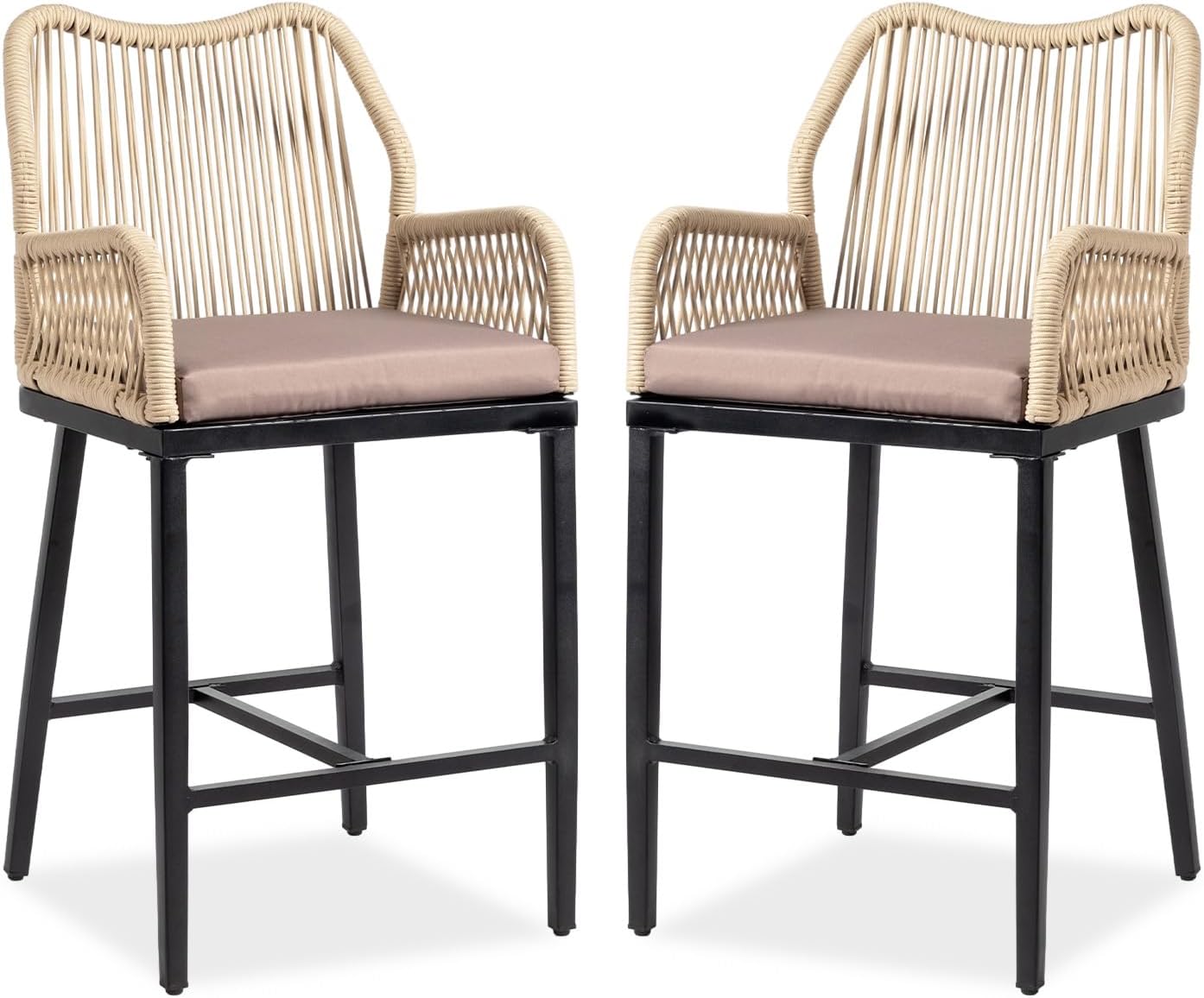 VINGLI Outdoor Counter Height Bar Stools Set of 4, Rattan Outdoor Barstools Boho Woven Patio Bar Stools with Backrest, Aluminum Frame Patio Garden Balcony Pool Bar Chair (4 PCS)