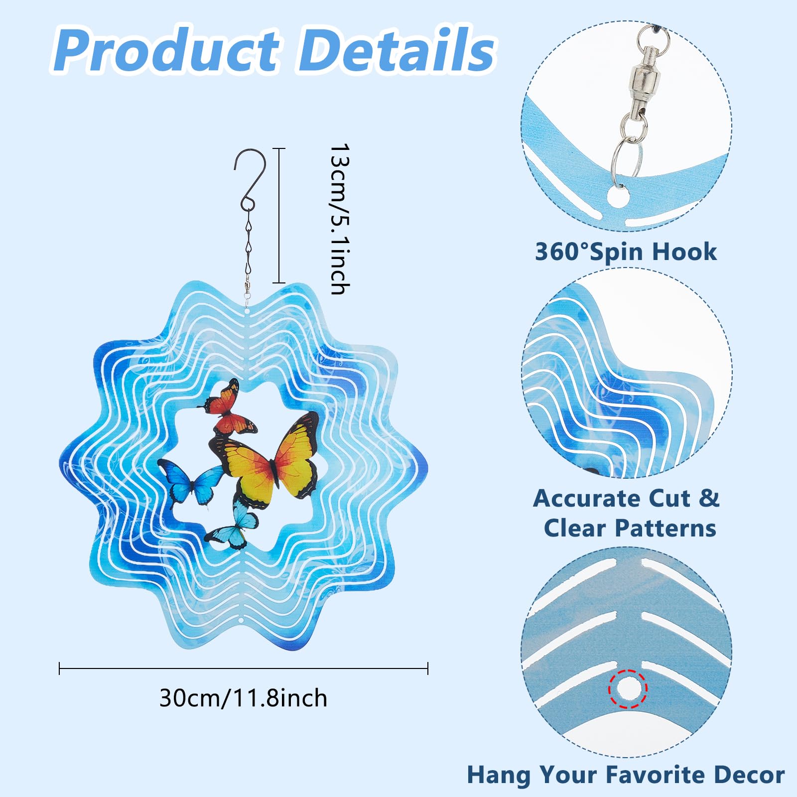 SUPERDANT Butterfly Wind Spinners 3D Stainless Steel Hanging Wind Catchers Kinetic Sculpture Art Garden Outdoor Indoor Decoration Christmas Ornament Gifts for Women Mom Grandma 30cm/12in - Image 3