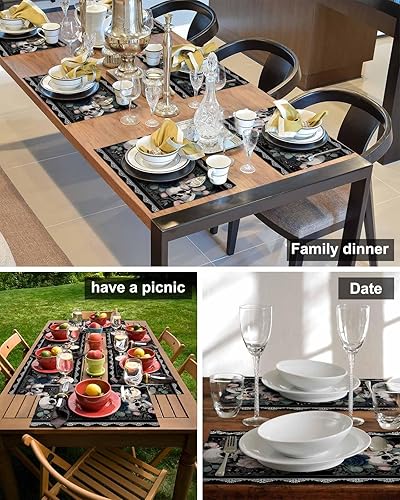 Miniatura 5 de Juego de 2 manteles individuales góticos de Halloween, calaveras de terror espeluznantes, flores románticas, manteles individuales tejidos lavables