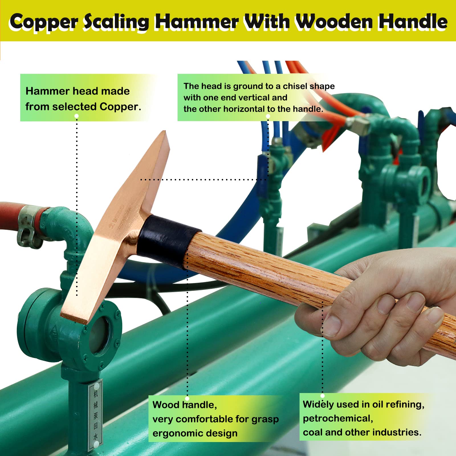 WEDO Marteau de détartrage en cuivre, marteau burineur avec manche en bois, 150 g, 330 mm