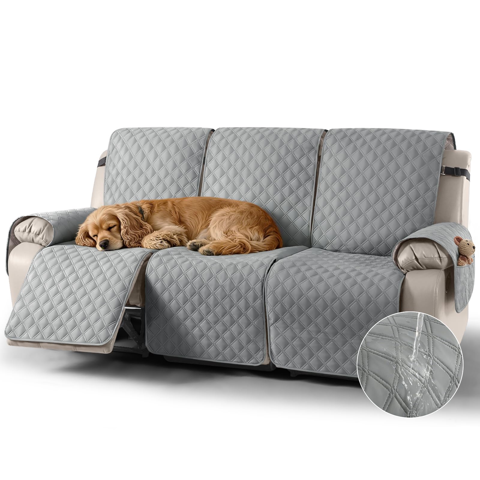 TAOCOCO Recliner Sofa Protector,3 Seater Recliner Covers,Waterproof Recliner Sofa Covers,Non Slip Recliner Chair Covers,Armchair Covers for Pets,Reclining Sofa Covers with Pockets(Light Grey)