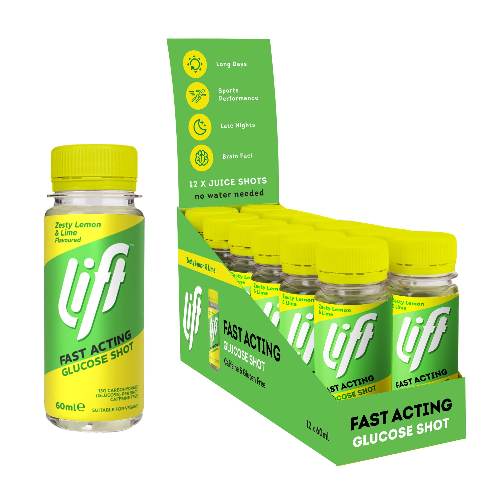 Lift Fast-Acting Glucose Juice Shots, Lemon Lime, 60 ml, 12 Pack