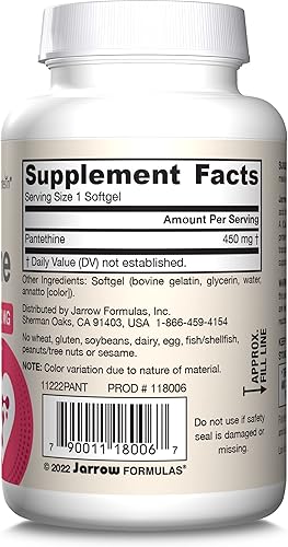 Miniatura 10 de Jarrow Formulas Pantethine 450 mg - 60 cápsulas blandas - Apoya la salud cardíaca y cardiovascular, carbohidratos y metabolismo de lípidos -