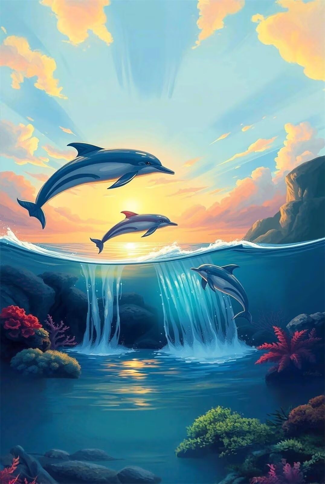 Puzzle de 2000 Piezas Delfín Amanecer Océano 100x70 cm, Juguete desafío y Juego Educativo, Ejercita Paciencia, Rompecabezas Clásico para Adultos 2000 Piezas