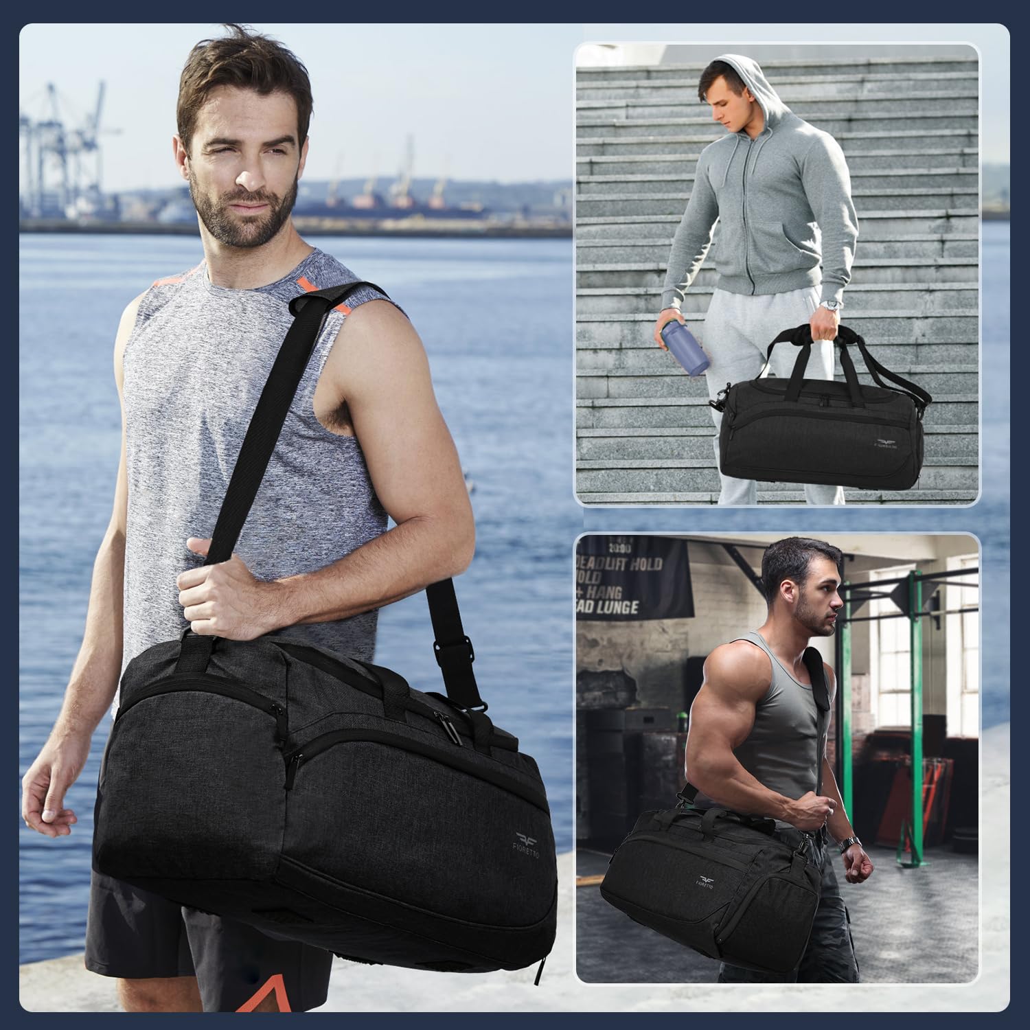 FIORETTO 35L Sporttasche & Reisetasche für Damen und Herren, mit Schuhfach & Nassfach, Wasserdicht Tasche für Trainingstasche, Gym, Travel, Schwimmen, Sauna, fußball Schwarz