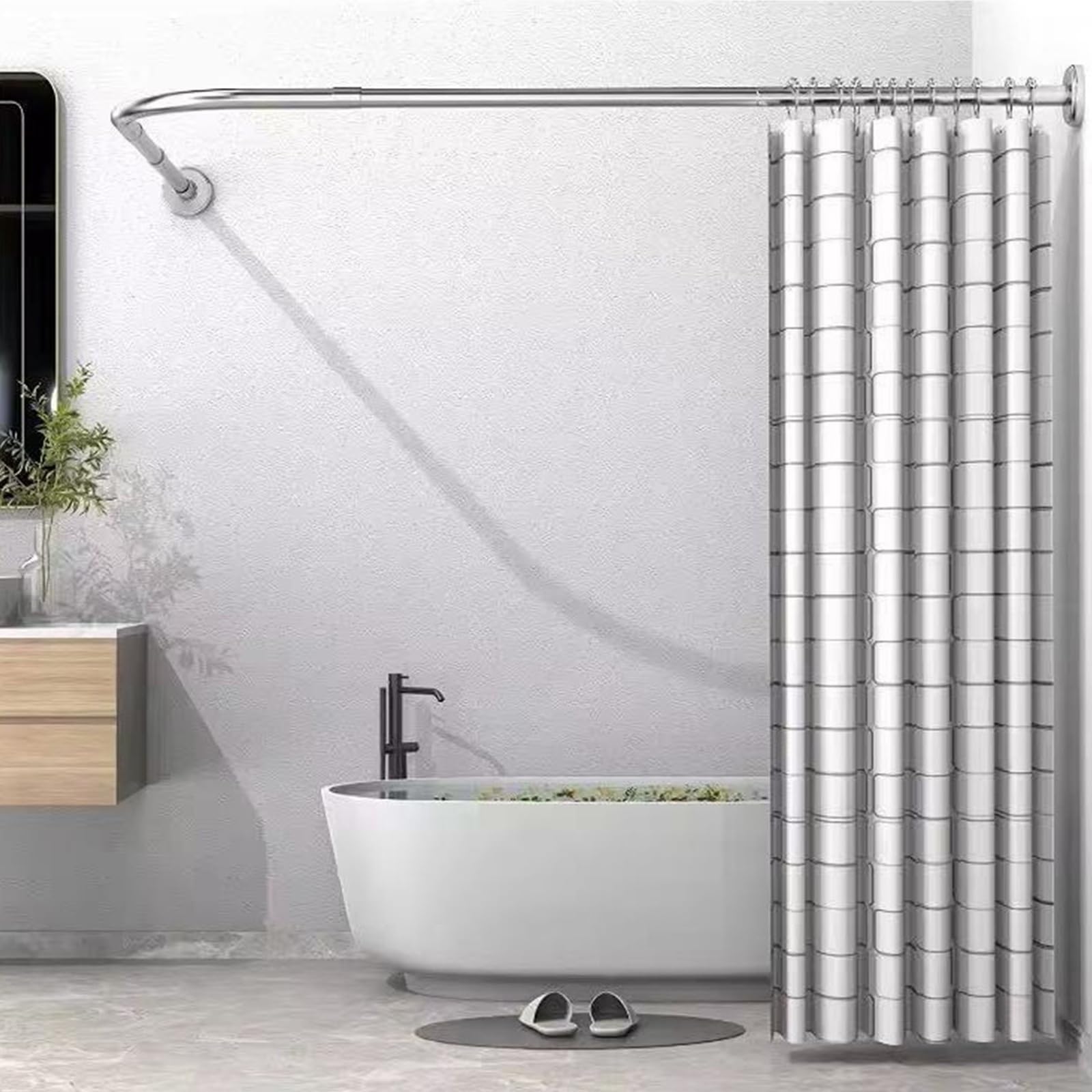 GLDYTVF Extendable Telescopic L-Shaped Shower Curtain Rod - Adjustable 68-98cm x 192-222cm Stainless Steel No Drilling Anti-Sag Design Silver Finish for Corner Spaces
