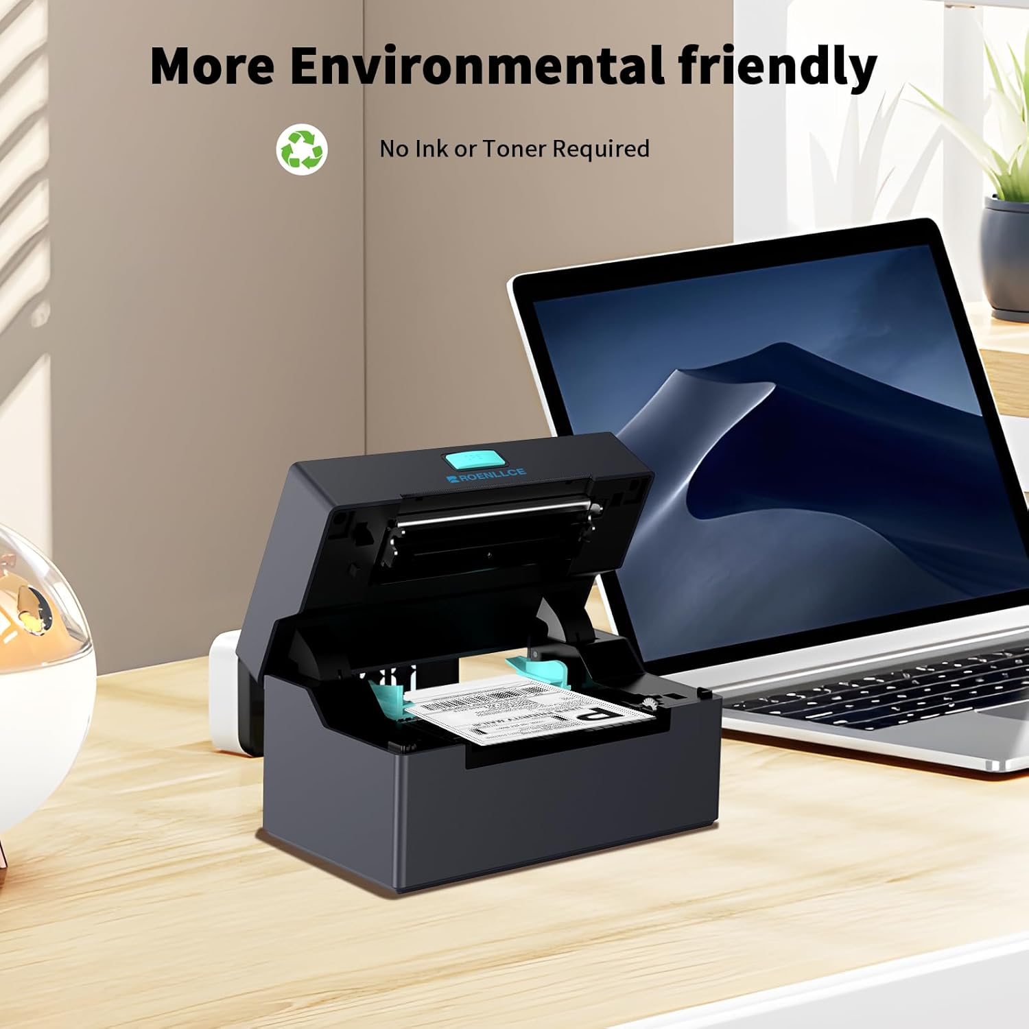 Roenllce label printer with its cover open, showing the internal mechanism and thermal paper, emphasizing its inkless operation.