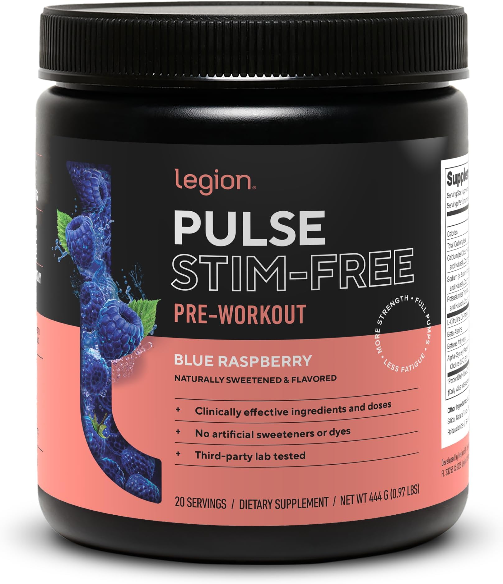 Pulse Pre Workout Supplement - All Natural Nitric Oxide Preworkout Drink to Boost Energy, Creatine Free, Naturally Sweetened, Beta Alanine, Citrulline, Alpha GPC (Caffeine Free Blue Razz)