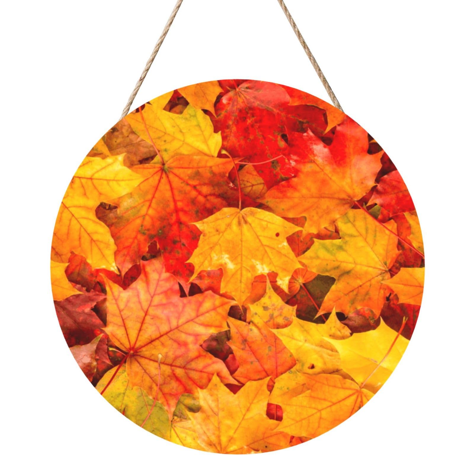 InOmak Maple Leaves, Round Wood Panel Painting 12 in, Wall Hanging Painting For Home