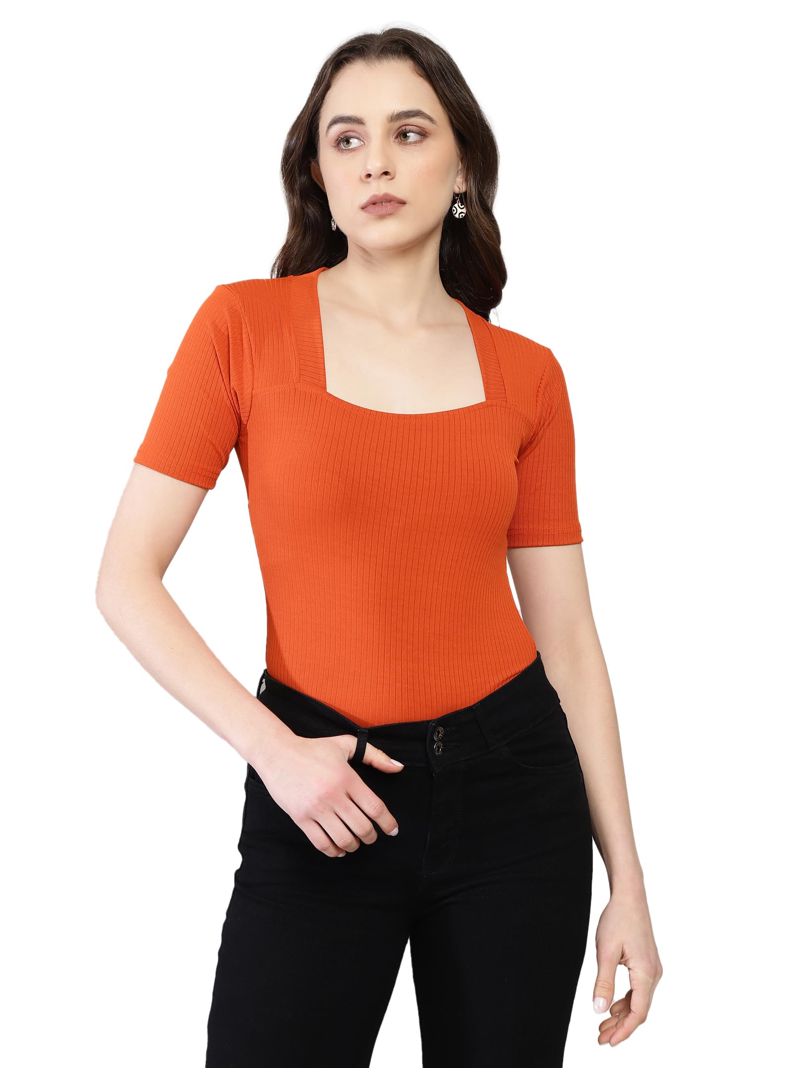 shasmi Women's & Girl's Solid Knitted Square Neck Regular Fit T-Shirts Short Sleeve Tops (T-Shirt 106)-picture-55