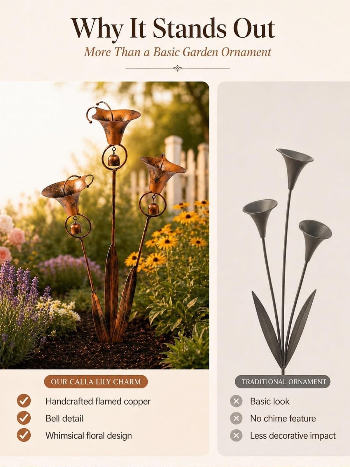 Calla-Lilien-Gartenstecker aus Metall, handgefertigt, 61 cm, groß, geflammt, Kupfer, Blumenskulptur mit beruhigenden Glocken, skurrile Outdoor-Hofkunst, rustikales Windspiel, Ornament, Geschenk (2