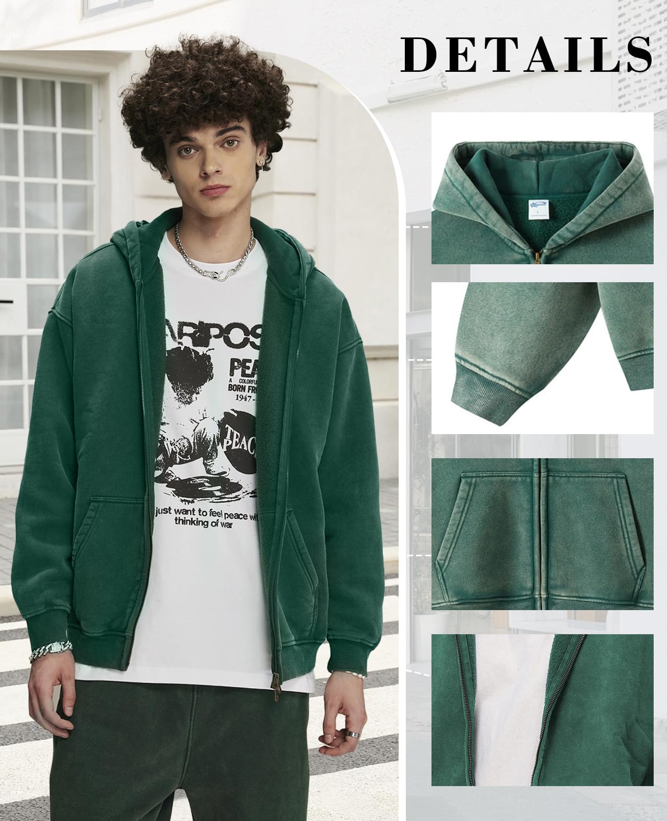 HOUZONIY Herren Fleece-Kapuzenpulli mit durchgehendem Reißverschluss Oversized Basic Zip Hoodie Y2k Hip Hop Sweatjacke Unisex mit Kapuze Pullover Jacke