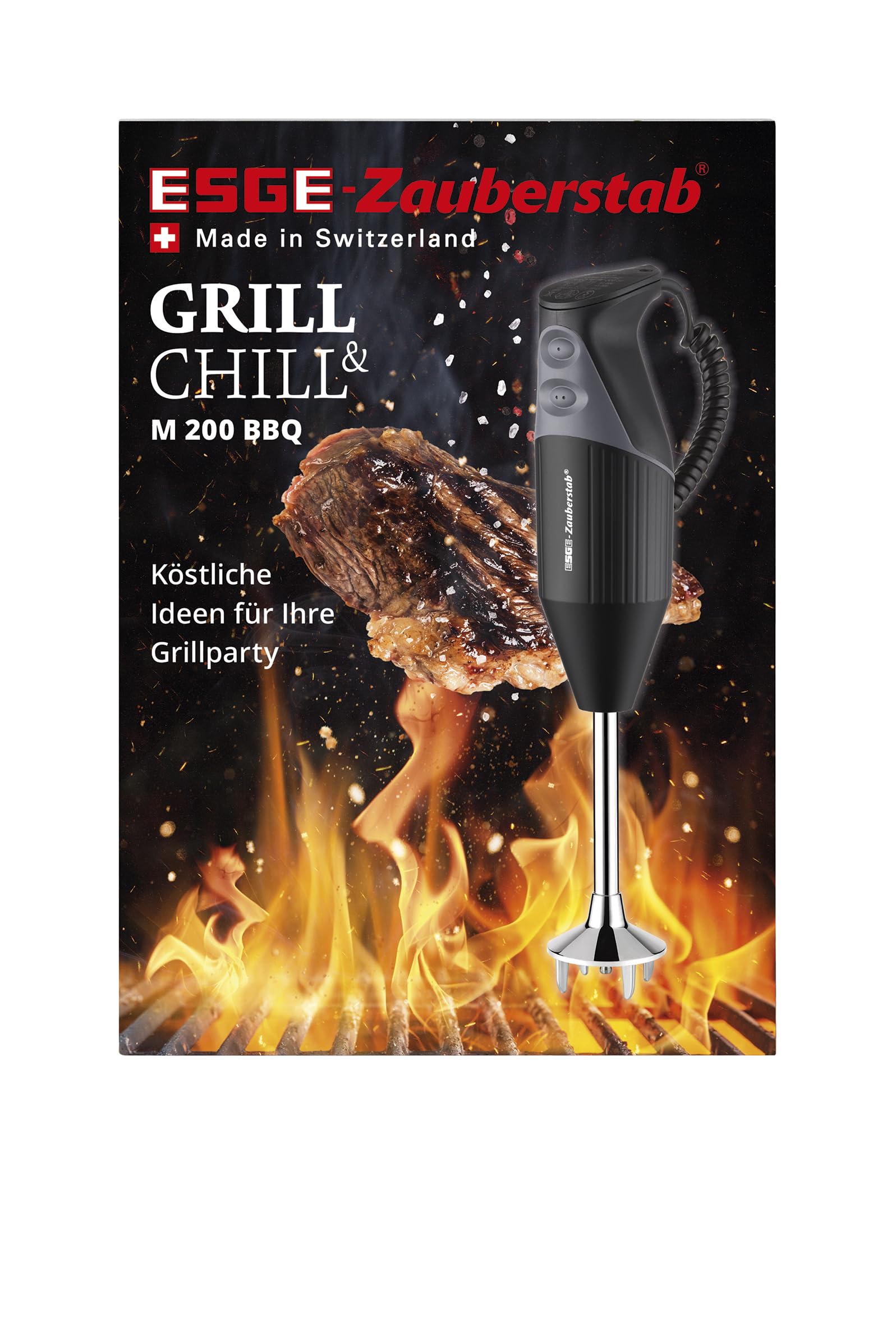 ESGE Zauberstab 98215 M 200 BBQ schwarz, Stabmixer, Pürierstab, 2 Stufen bis 17.000 U/Min, ergonomischer Griff, langlebiger, robuster Motor, inkl. Zubehör, 200W, Made in Switzerland
