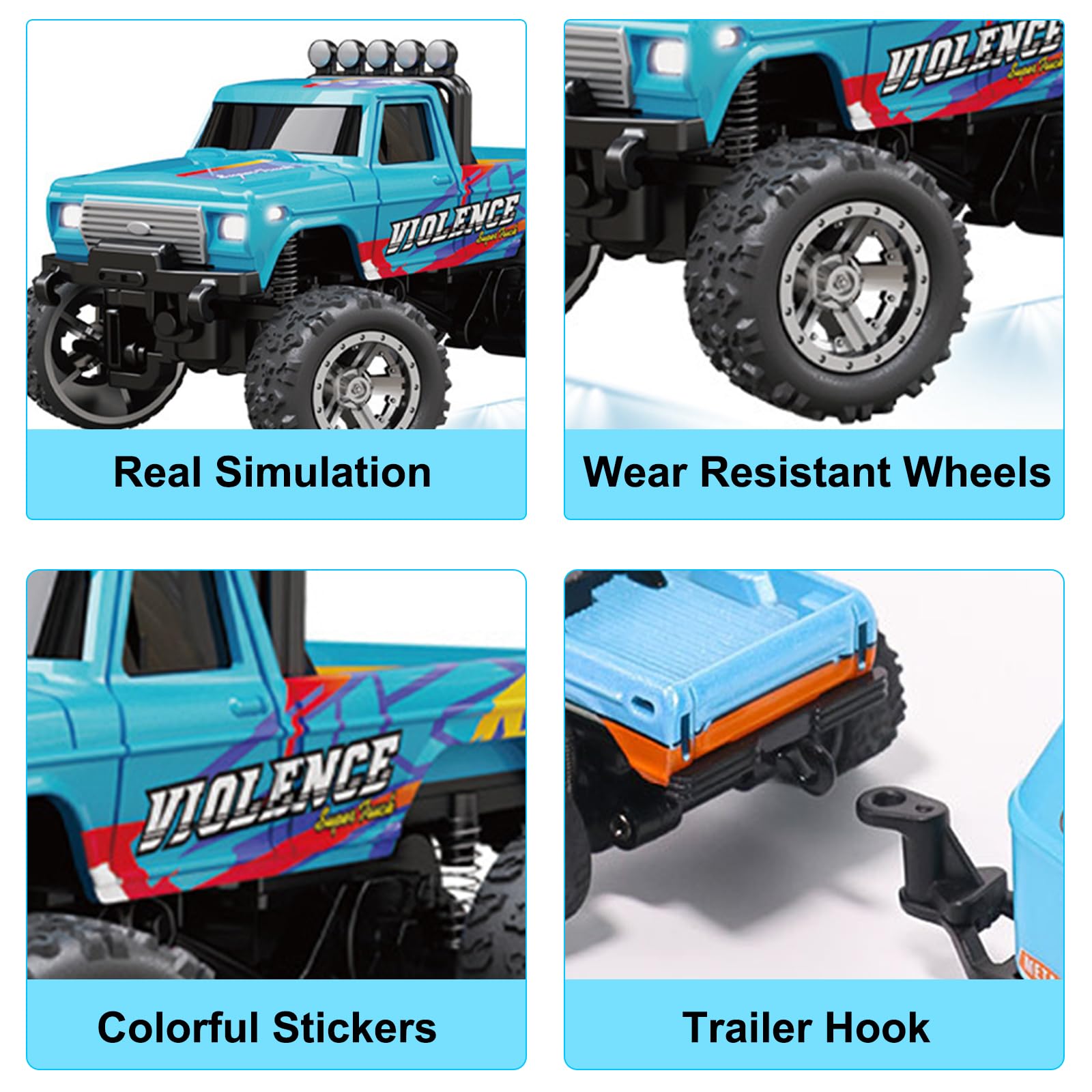 Noaya Mini RC Monster Truck, 1/64 Scale Alloy Remote Control Cars with Headlights, Rechargeable Monster Truck Toys - Image 4