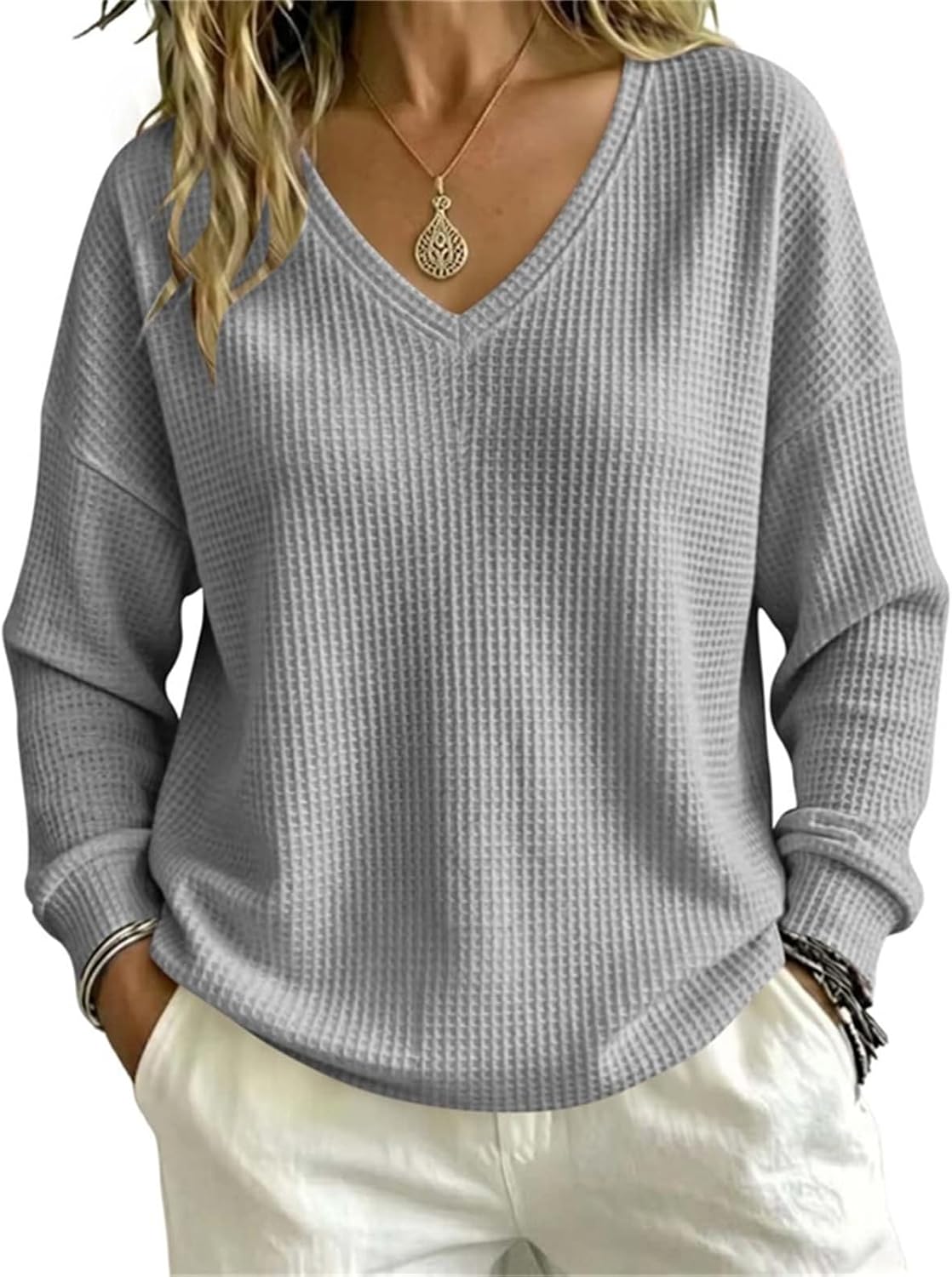 Women Fall Fashion V Neck Waffle Knit Long Sleeve Top