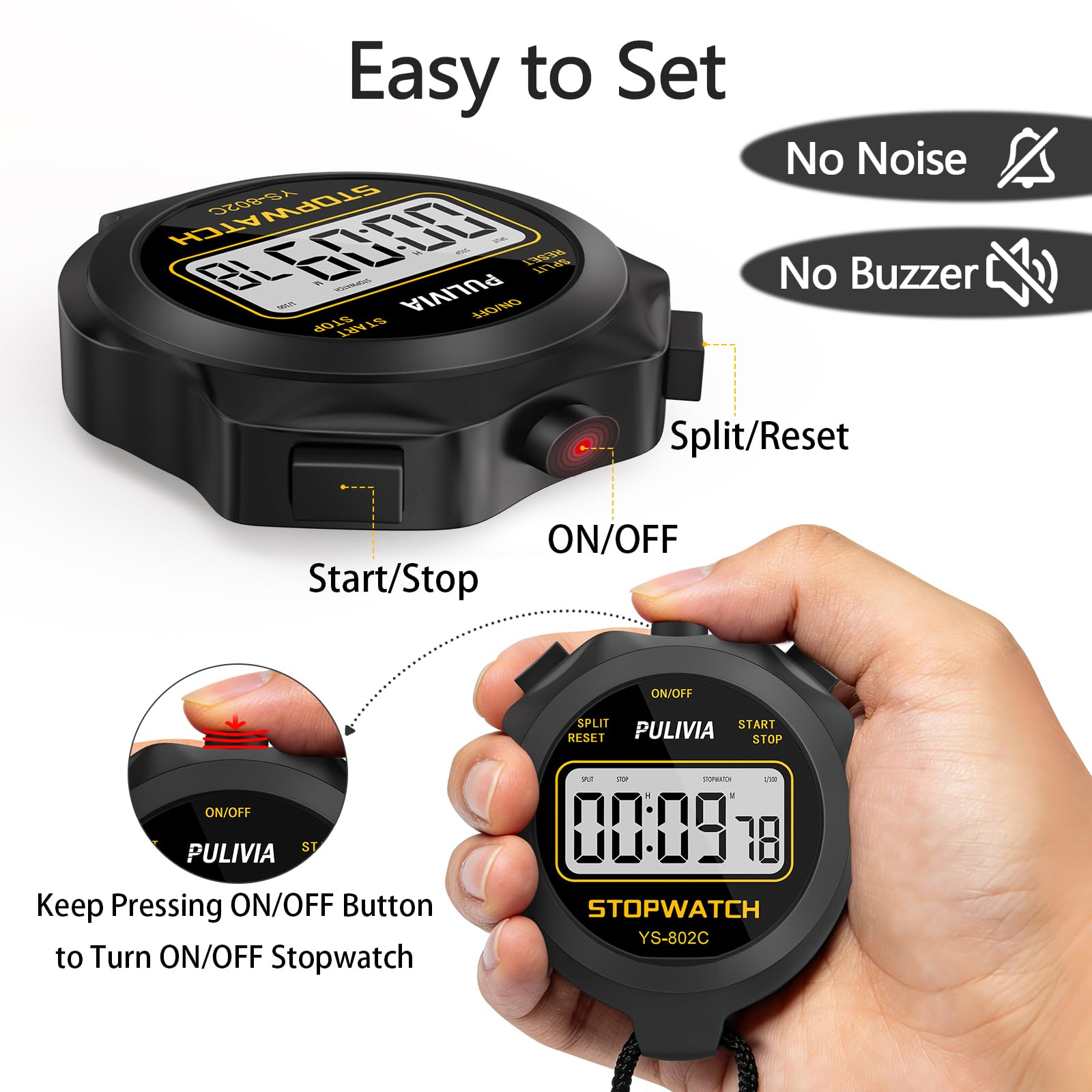 Cronometro Sportivo con Pulsante Silenzioso e ON/OFF, Senza Orologio né Calendario per un Facile Utilizzo, Cronometro Digitale PULIVIA per Bambini, Allenatori, Allenamento e Corsa, Nero