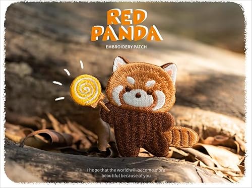 Miniatura 3 de Parche bordado de panda rojo de dibujos animados súper lindo, calcomanías autoadhesivas de parche de mapache pequeño, calcomanías de tela para
