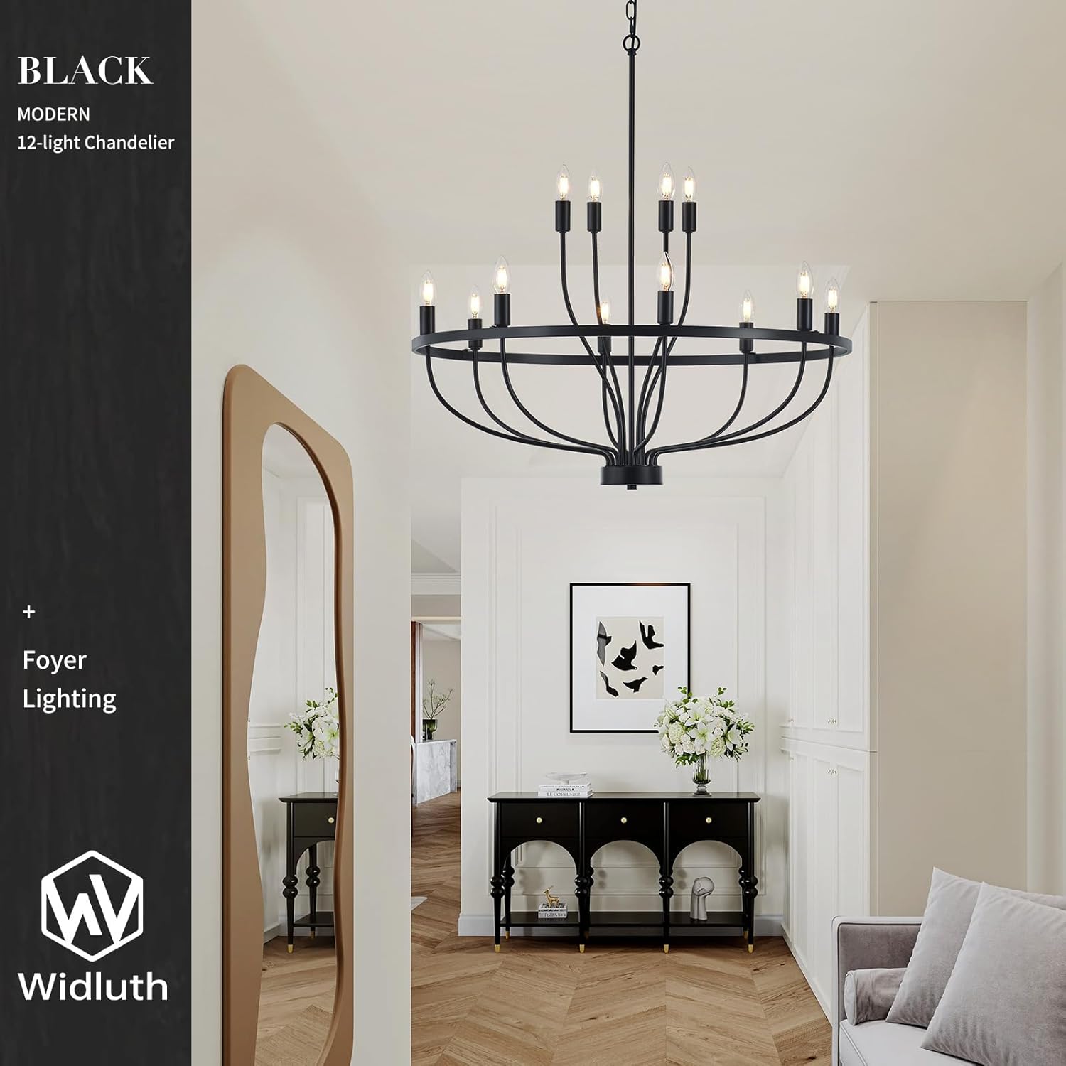 33.5" Industrial Black Chandelier Vintage 12-Lights Rustic Candle Style Chandeliers Light Fixture Retro Farmhouse Black Chandelier for Dining Room, Kitchen Island, Living Room, E12