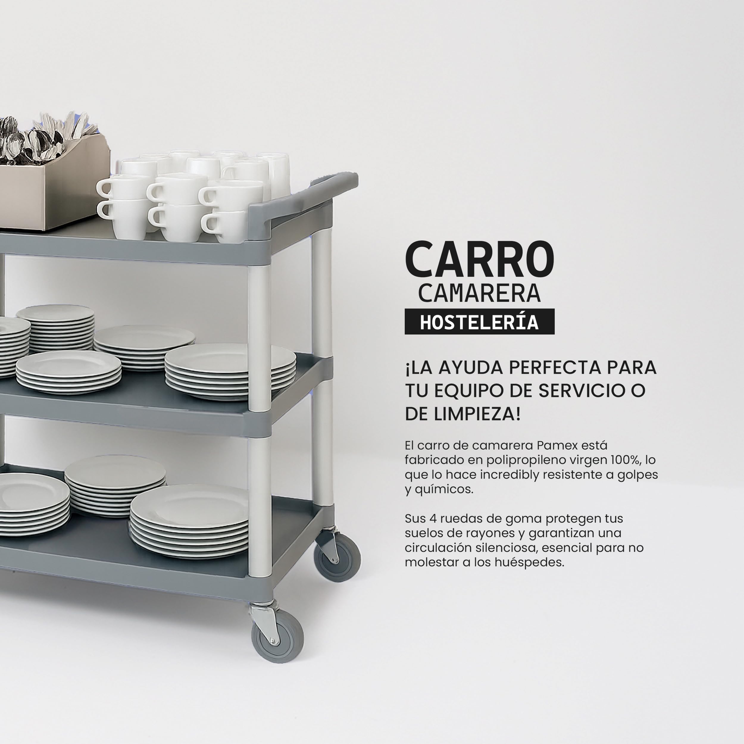 Carro hostelero Profesional con 3 bandejas y Ruedas de Acero y Polipropileno. Mediads 102x50x96 (L x F x A)