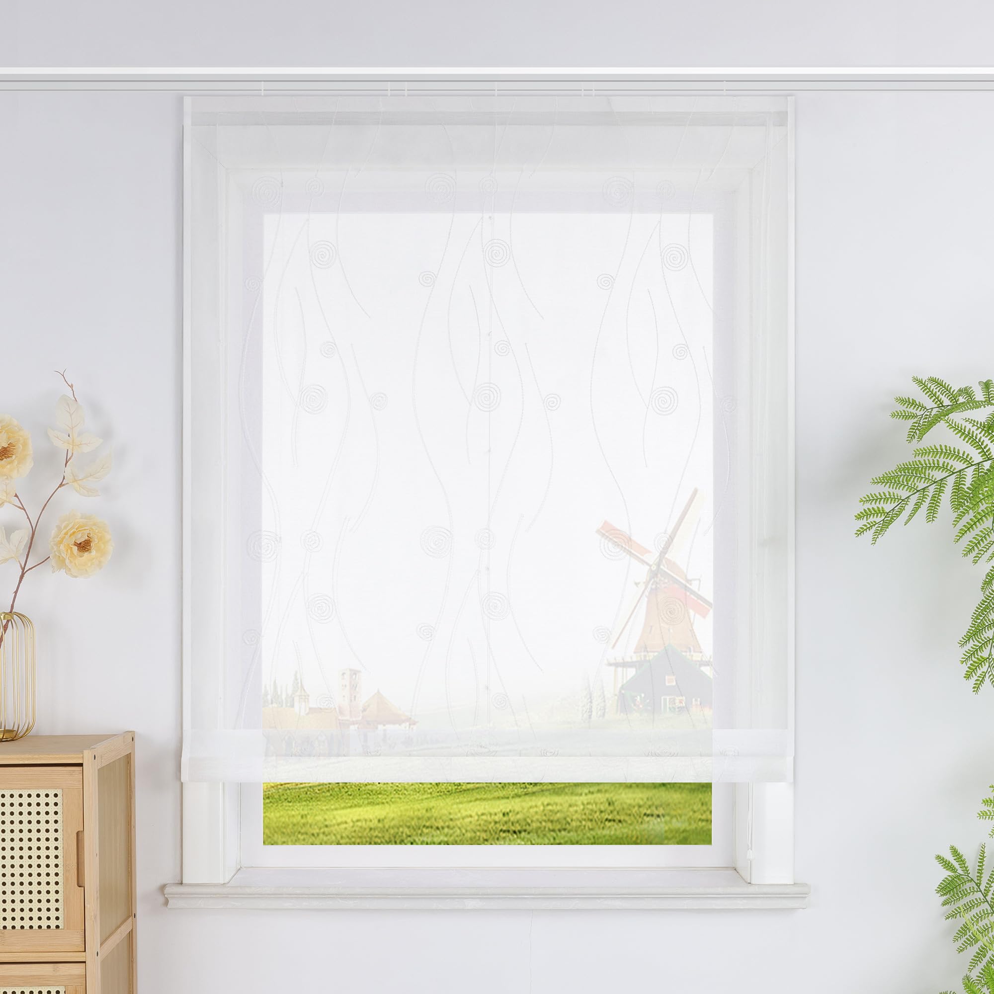 Raffrollo mit Stickerei Kreis Muster Moderne Raffgardinen mit Klettband Transparente Bestickte Bändchenrollo Leinenoptik Fensterdekoration Weiß,BxH 140x140cm