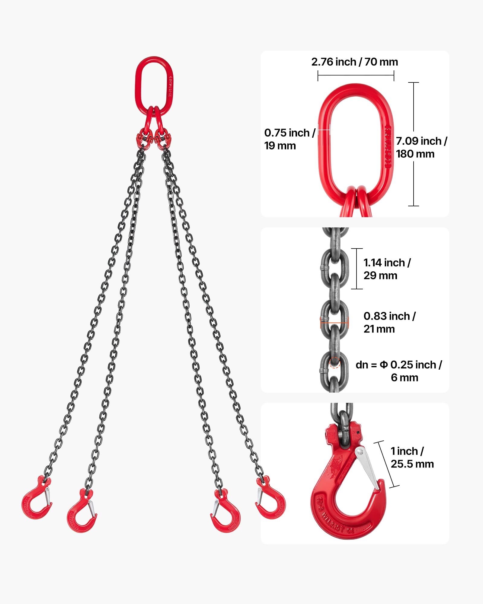 VEVOR Polipasto de Cadena, Eslinga de Cadena de 4 Ganchos 6,3 mm x 1,5 m, Aleación de Acero G80, Capacidad 2993 kg
