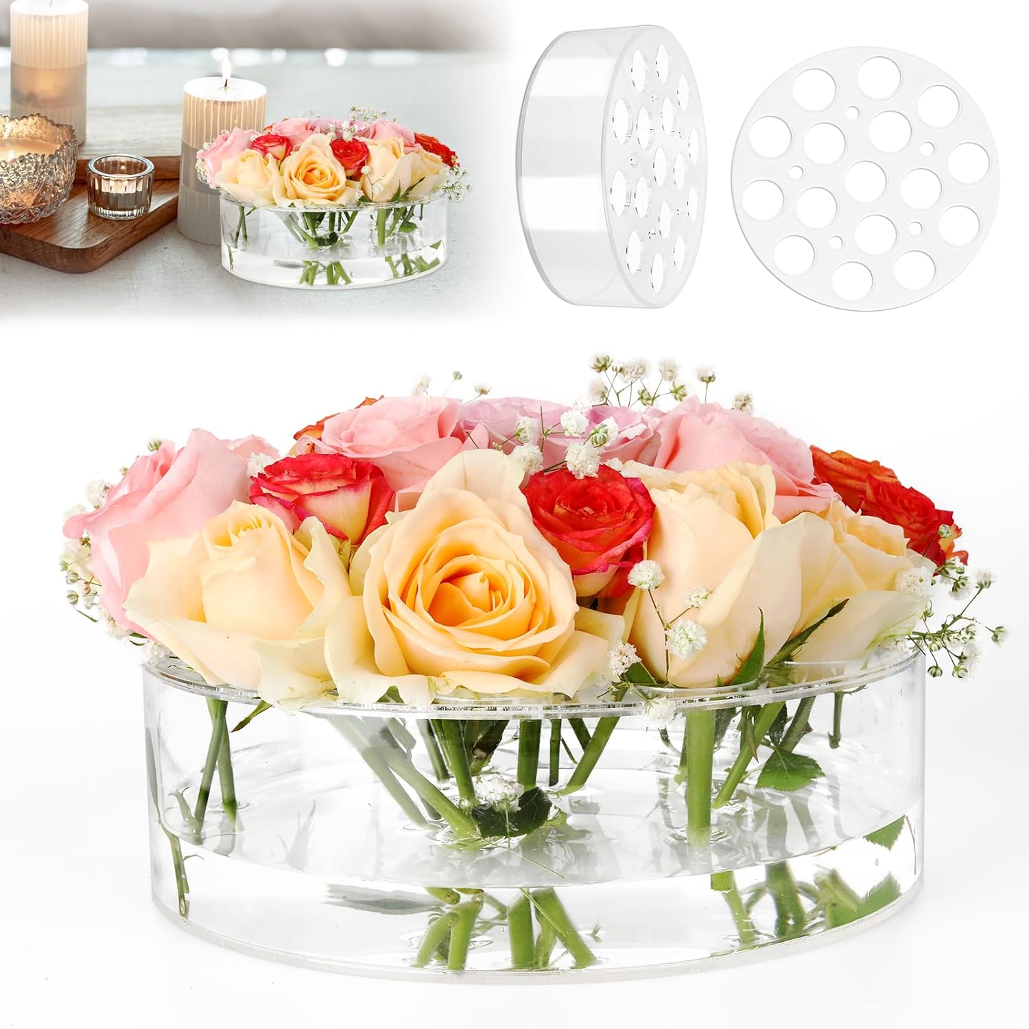 8 Inch Acrylic Flower Vase for Wedding Centerpieces Round, Circular Clear Wide Low Floral Vases with 16 Large + 5 Small Holes for Greater Than 24 inch Width Table Home Party Flower Arrangement 1 Pack(7.9in)